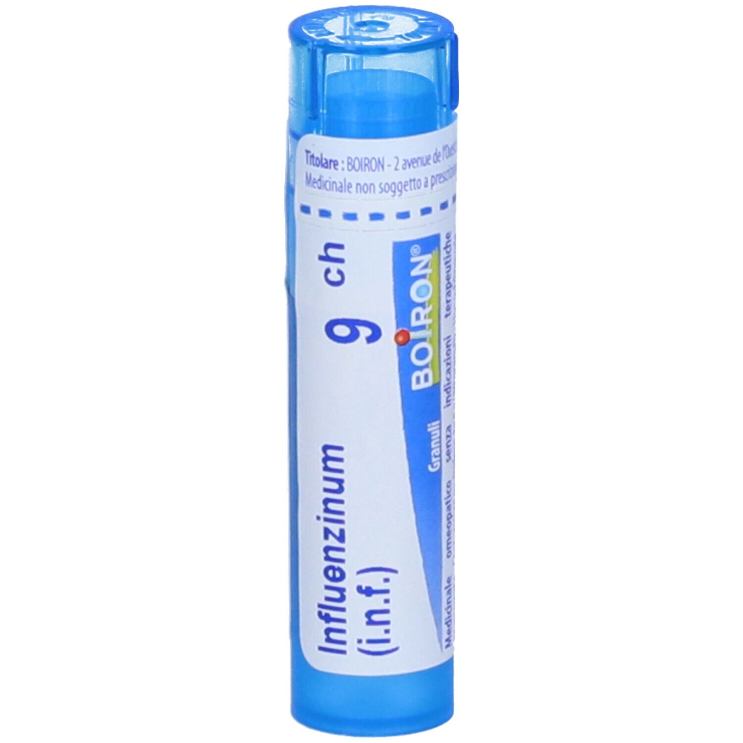 Tubo blu con scritta bianca Influenzinum (i.n.f.) 9 ch e BOIRON®.