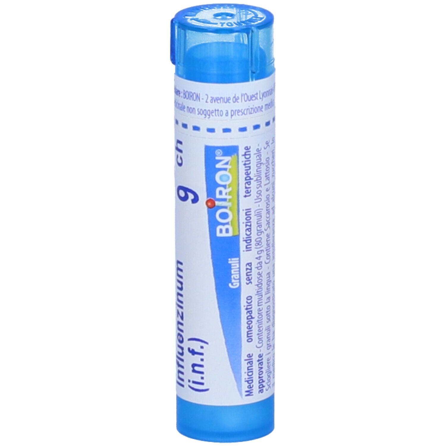 Tubo blu con scritta bianca Influenzinum (i.n.f.) 9 ch e BOIRON®.