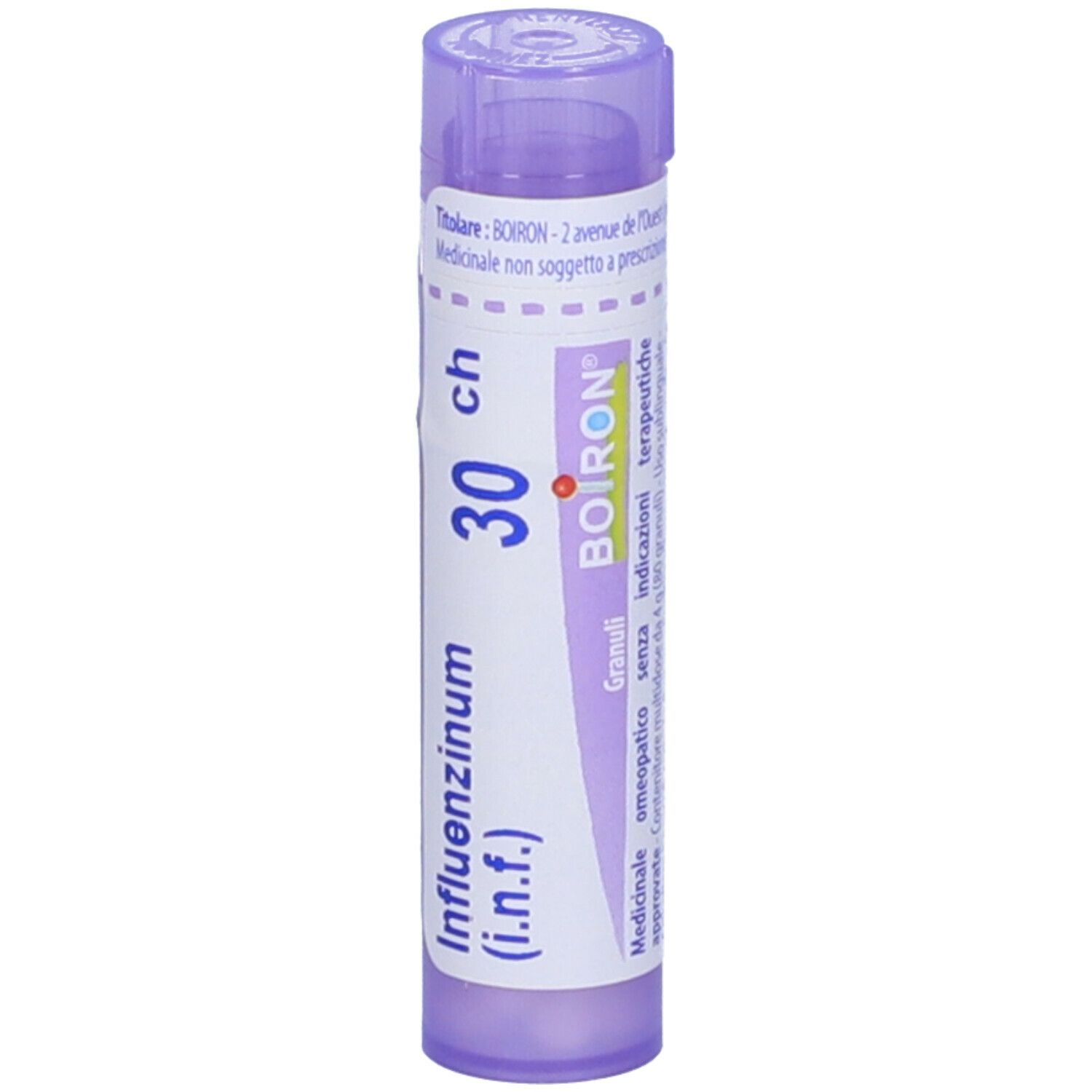 Confezione cilindrica con "Influenzinum (i.n.f.) 30 ch" e logo BOIRON. Tappo viola. Scritte in italiano.