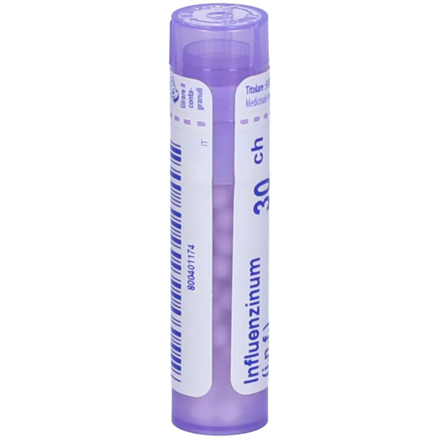 Confezione cilindrica con "Influenzinum (i.n.f.) 30 ch" e logo BOIRON. Tappo viola. Codice a barre e testo italiano.
