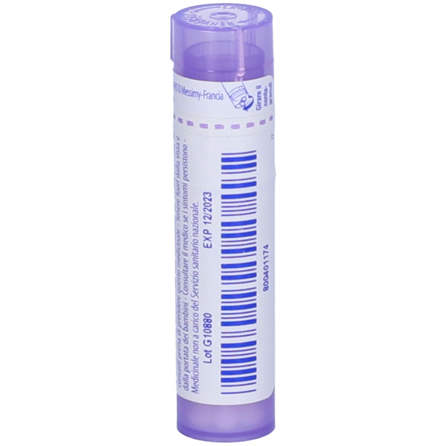 Confezione cilindrica con "Influenzinum (i.n.f.) 30 ch" e logo BOIRON. Tappo viola. Scadenza: 12/2023.