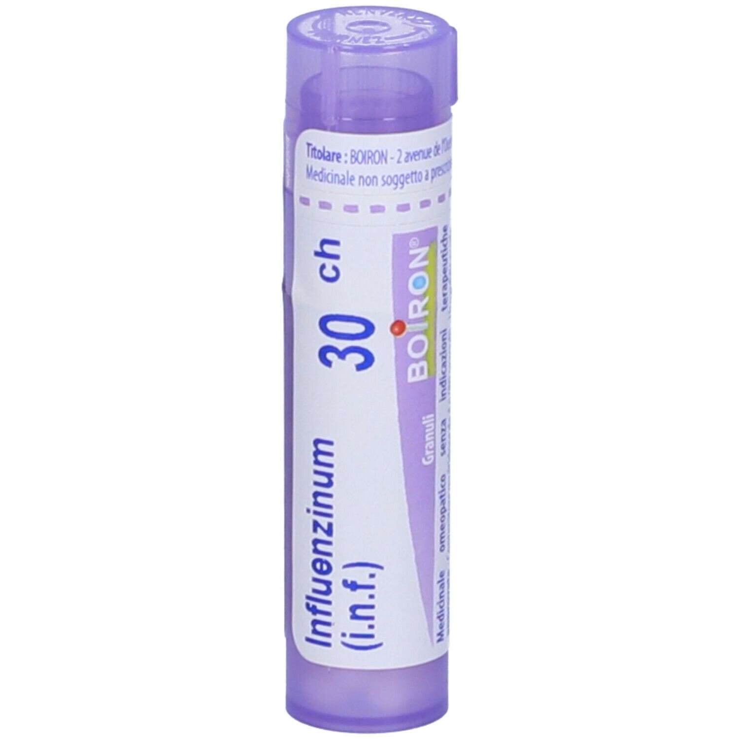 Confezione cilindrica con "Influenzinum (i.n.f.) 30 ch" e logo BOIRON. Tappo viola. Scritte in italiano.