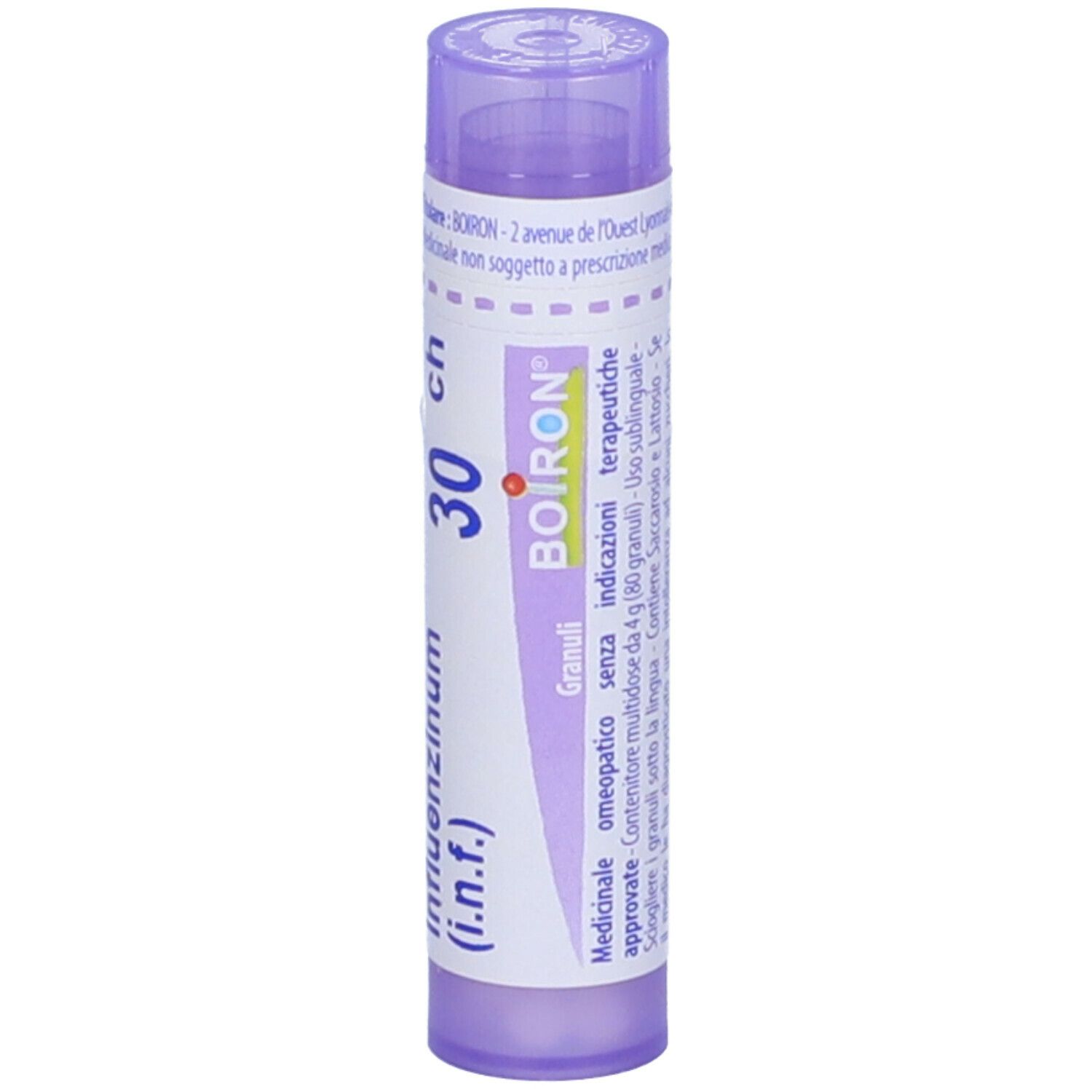 Confezione cilindrica con "Influenzinum (i.n.f.) 30 ch" e logo BOIRON. Tappo viola. Scritte in italiano.