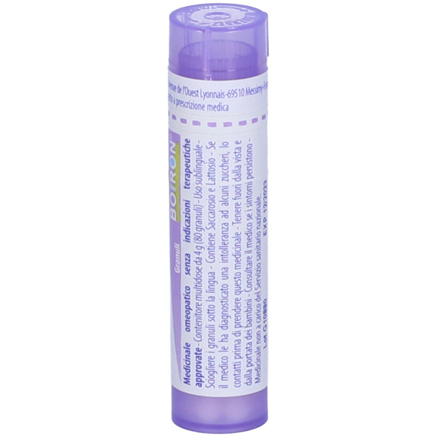 Confezione cilindrica con "Influenzinum (i.n.f.) 30 ch" e logo BOIRON. Tappo viola. Scritte in italiano.