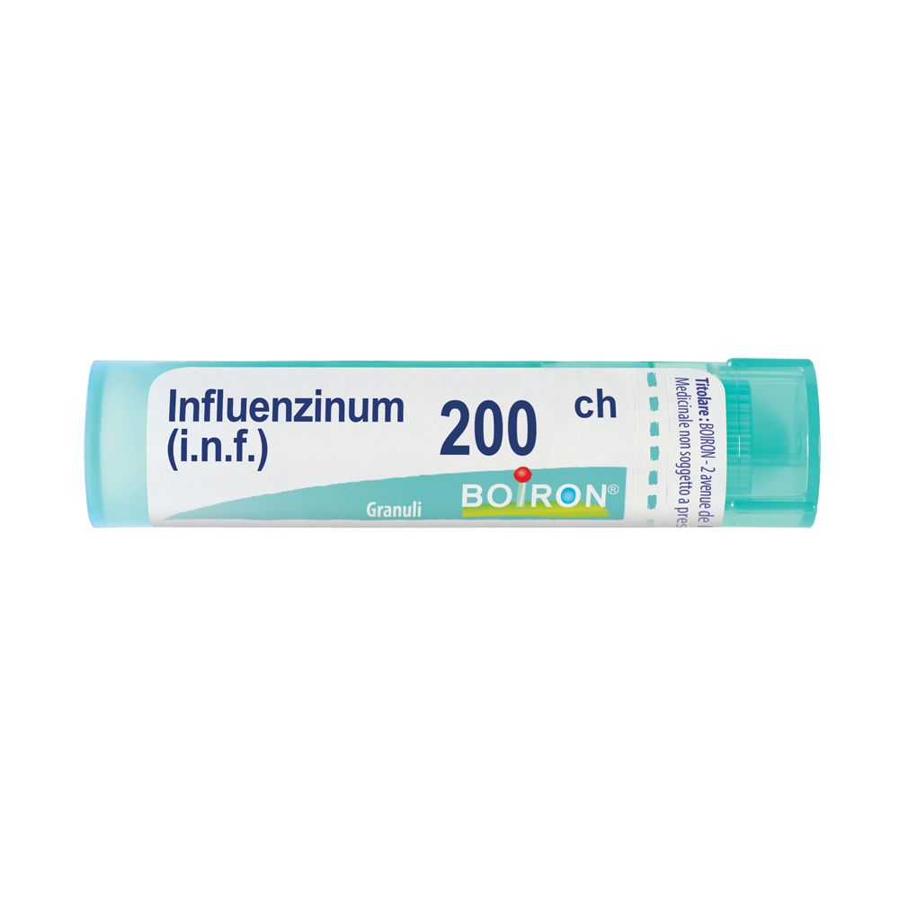Confezione cilindrica con BOIRON Influenzinum 200 ch. Scritto: Granuli.