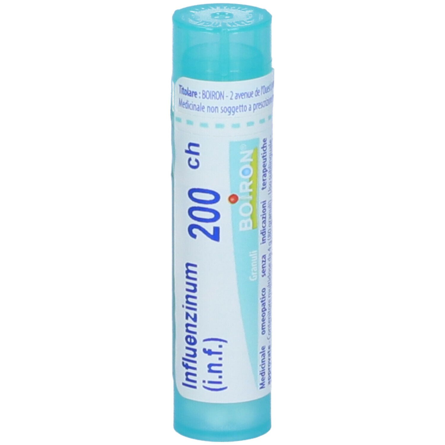 Confezione cilindrica BOIRON Influenzinum 200 ch. Tappo ed etichetta blu.