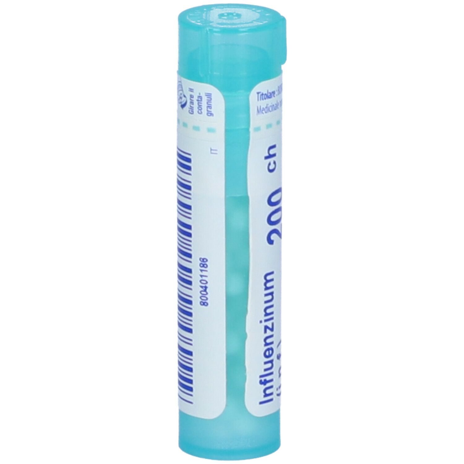 Confezione cilindrica BOIRON Influenzinum 200 ch. Etichetta con codice a barre e testo.