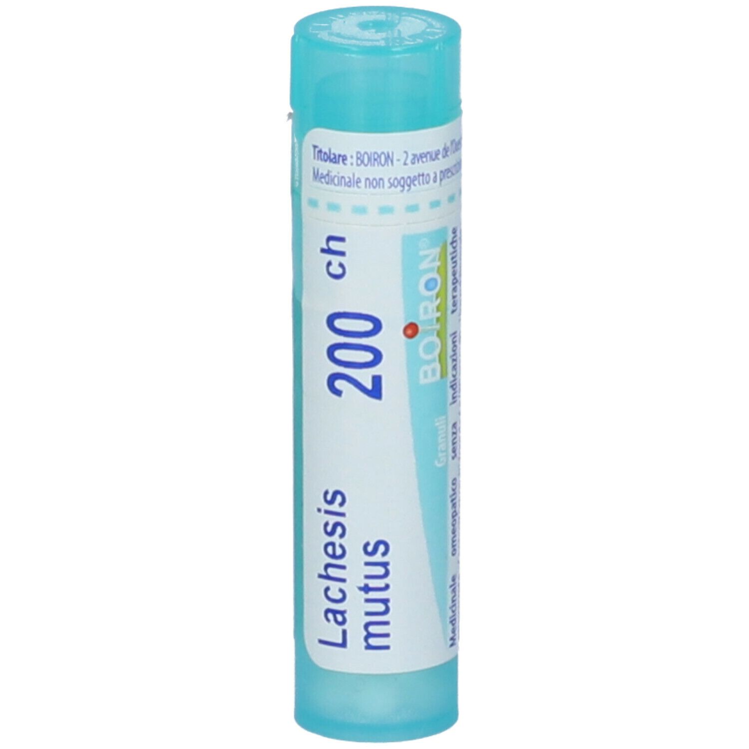 Confezione cilindrica azzurra. Scritta: Lachesis mutus 200 ch, BOIRON. Con tappo blu.