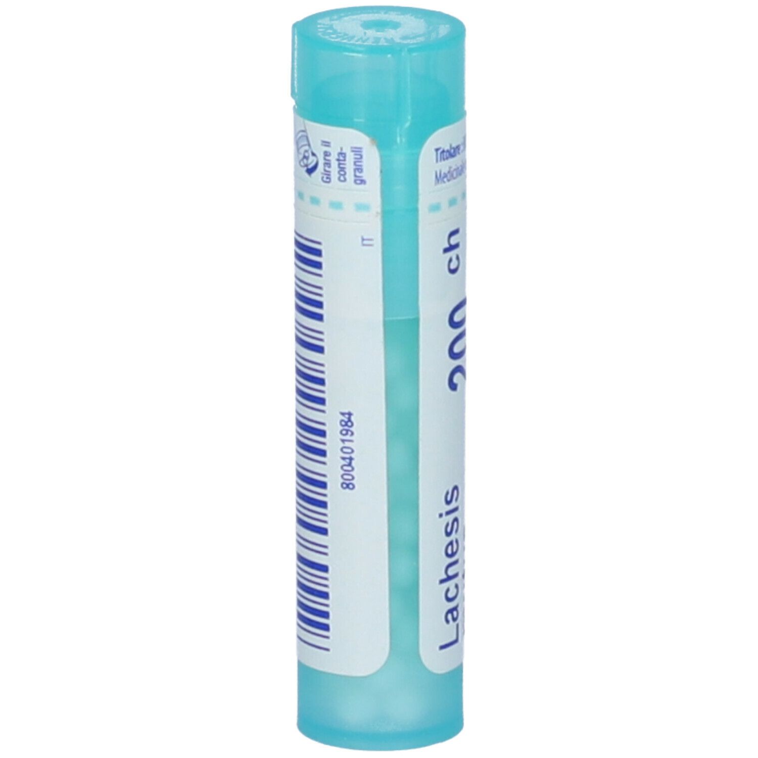Confezione cilindrica azzurra. Scritta: Lachesis mutus 200 ch. Con tappo blu.