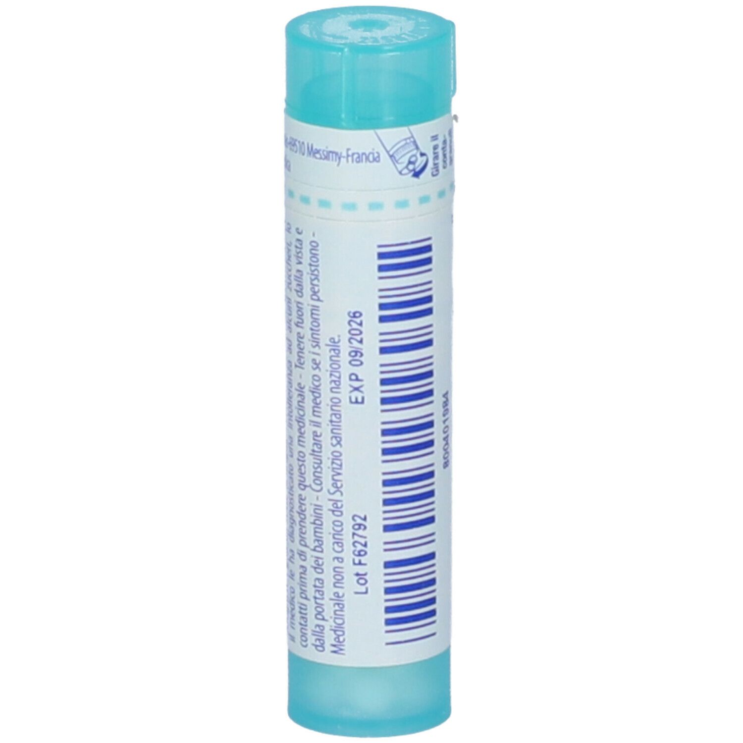 Confezione cilindrica azzurra. Scritta: Lachesis mutus 200 ch. Con tappo blu. Stampa.
