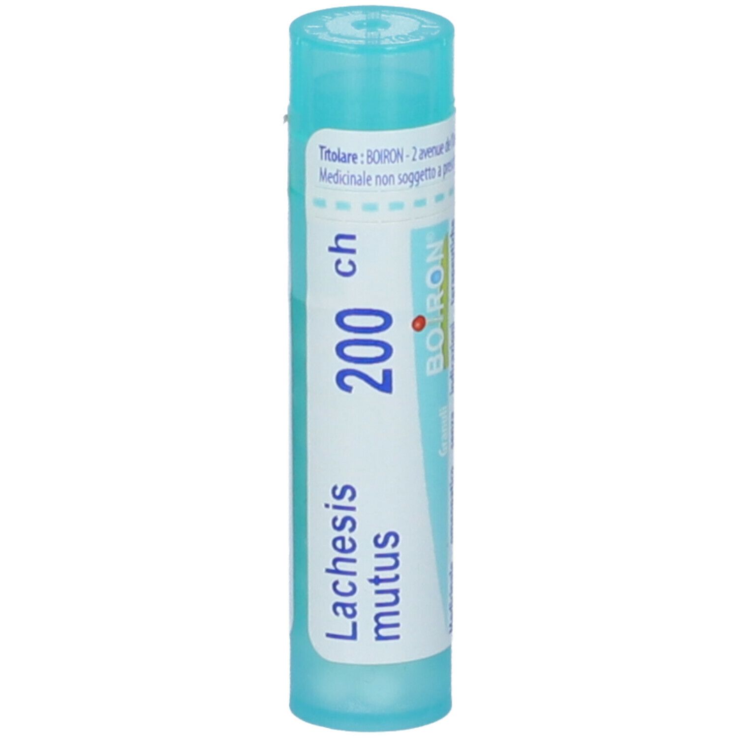 Confezione cilindrica azzurra. Scritta: Lachesis mutus 200 ch. Con tappo blu. Stampa.