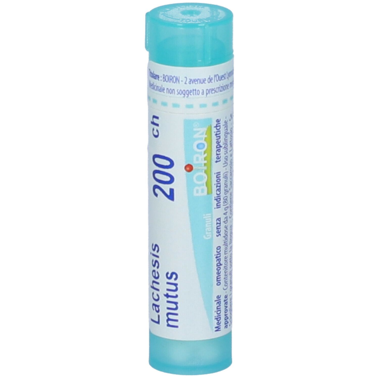Confezione cilindrica azzurra. Scritta: Lachesis mutus 200 ch. Con tappo blu. Stampa.