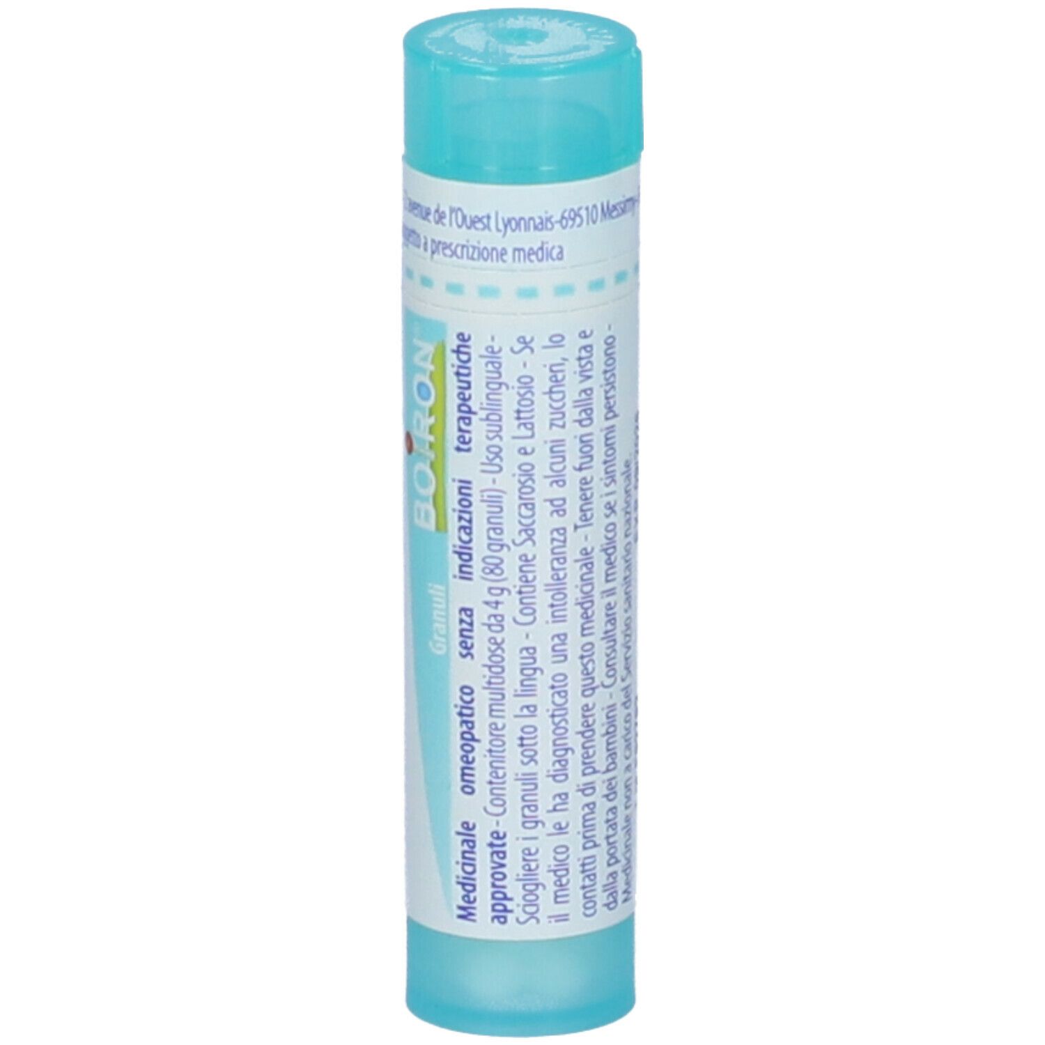 Confezione cilindrica azzurra. Scritta: Lachesis mutus 200 ch. Con tappo blu. Stampa.