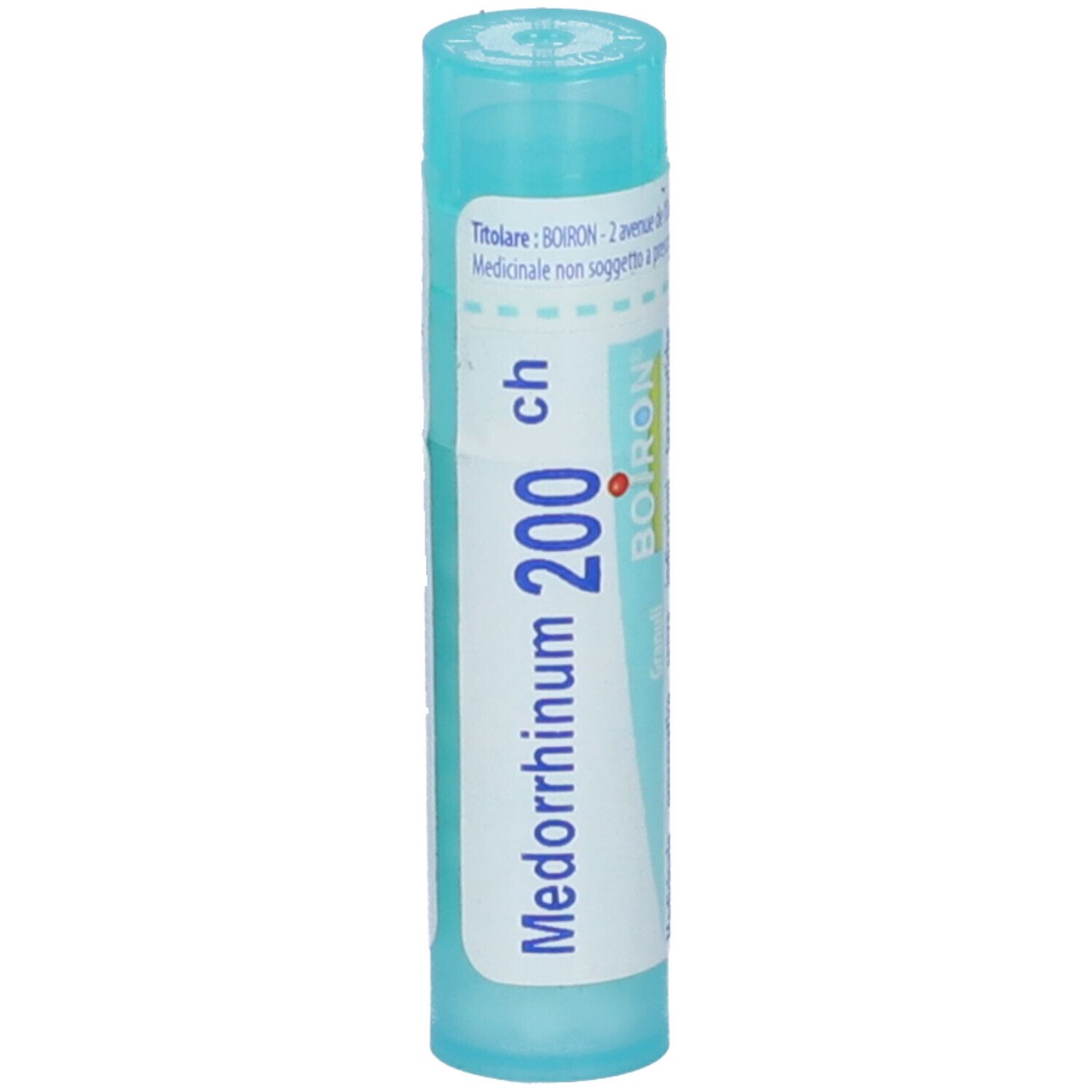 Confezione cilindrica blu. Scritta: Medorrhinum 200 ch, BOIRON. Con tappo blu.