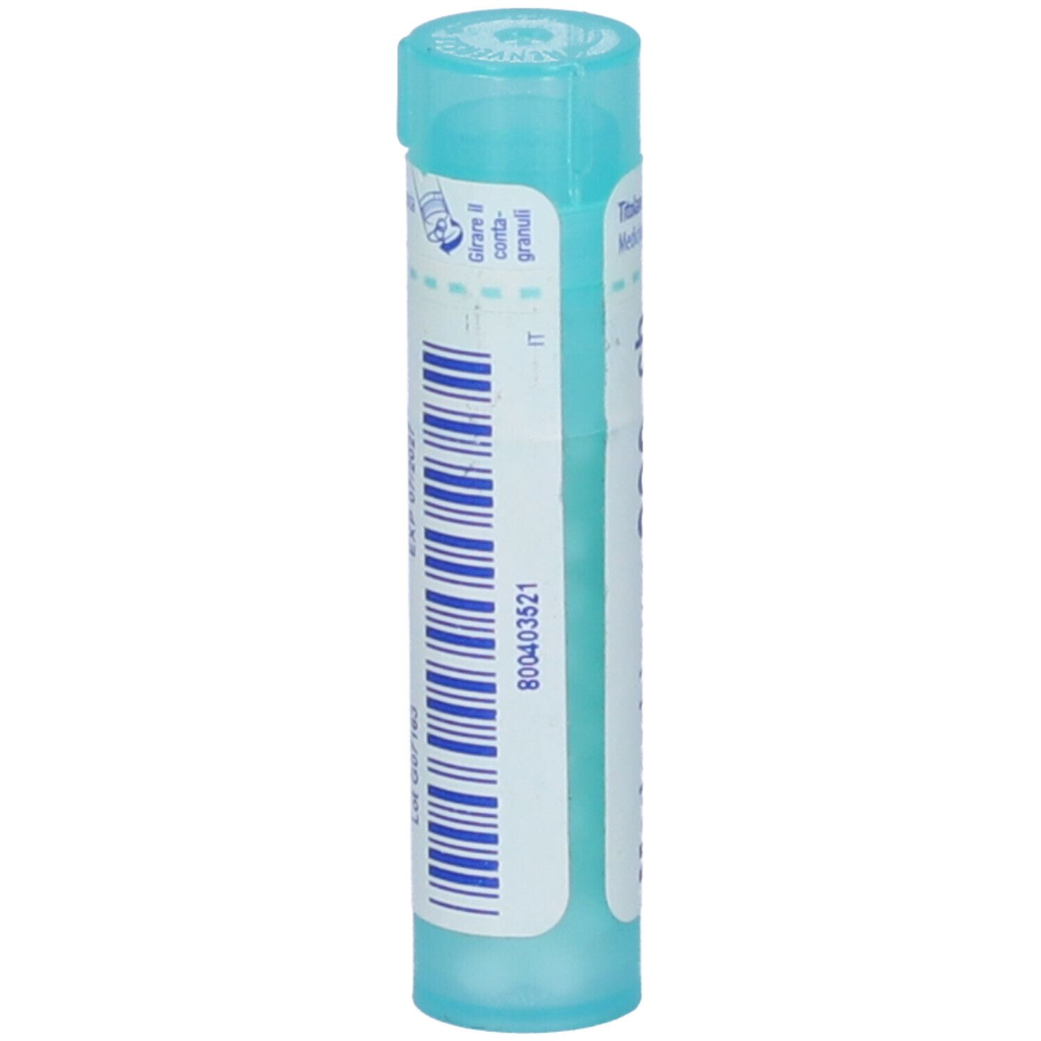 Confezione cilindrica blu. Scritta: Medorrhinum 200 ch, BOIRON. Con codice prodotto.