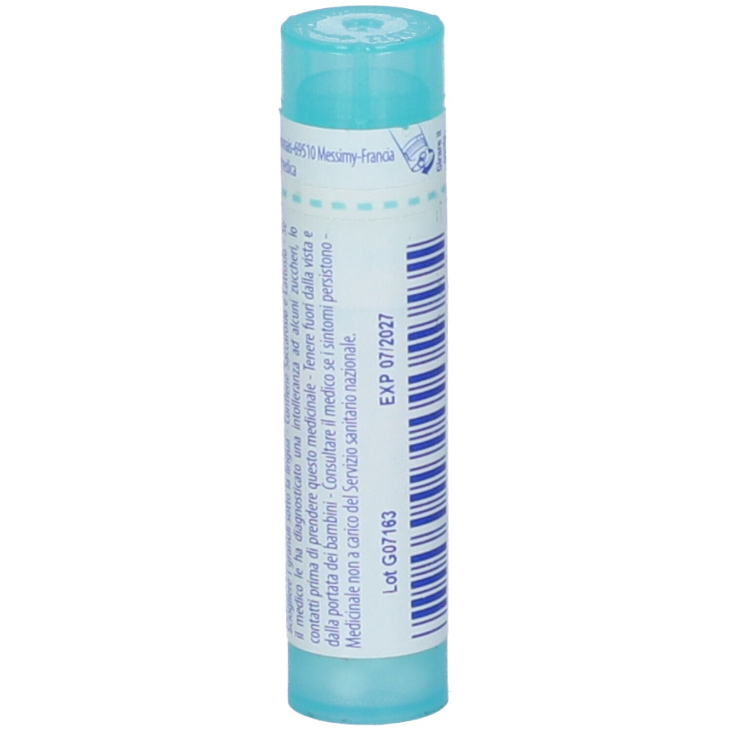 Confezione cilindrica blu. Scritta: Medorrhinum 200 ch, BOIRON. Con data di scadenza.