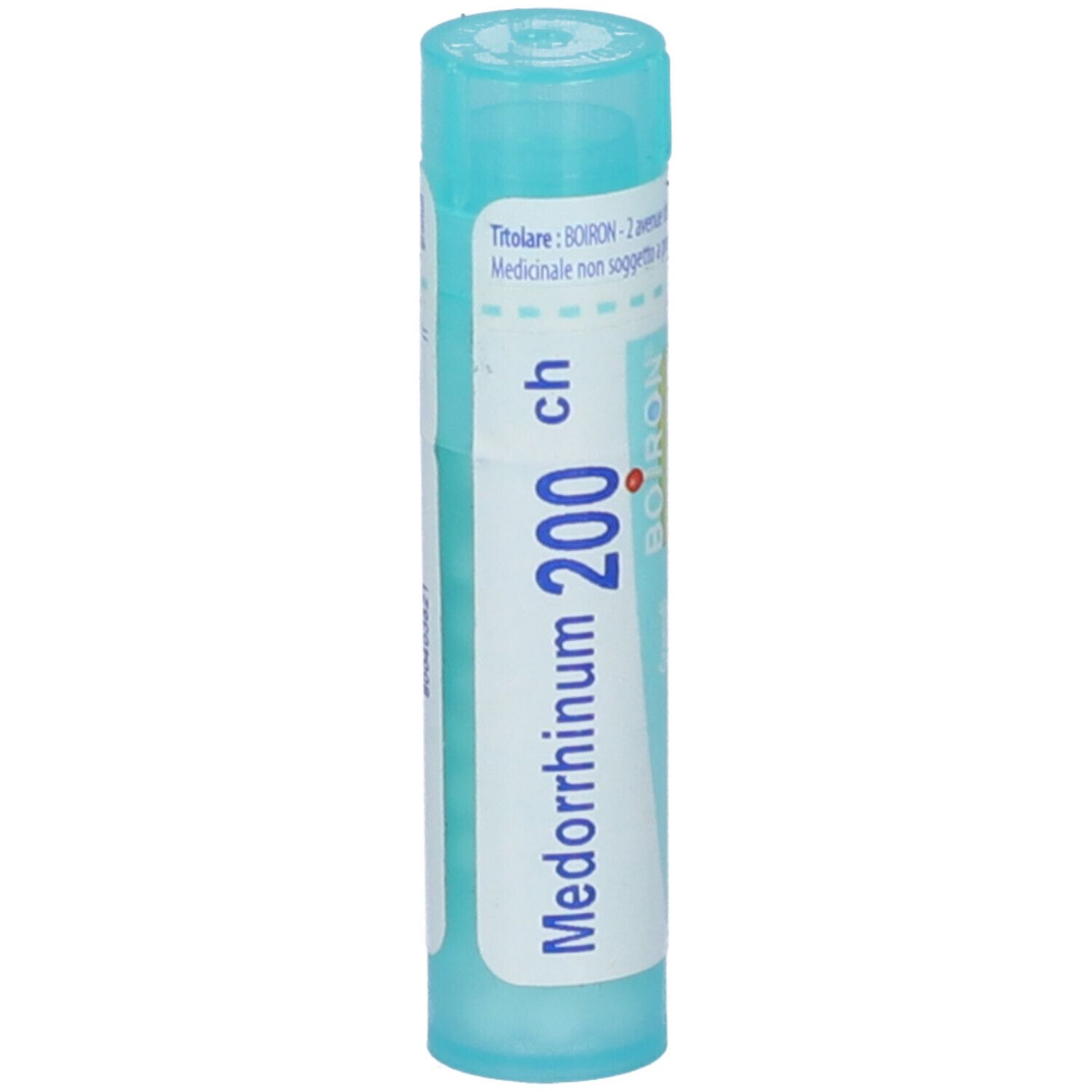 Confezione cilindrica blu. Scritta: Medorrhinum 200 ch, BOIRON. Con tappo blu.