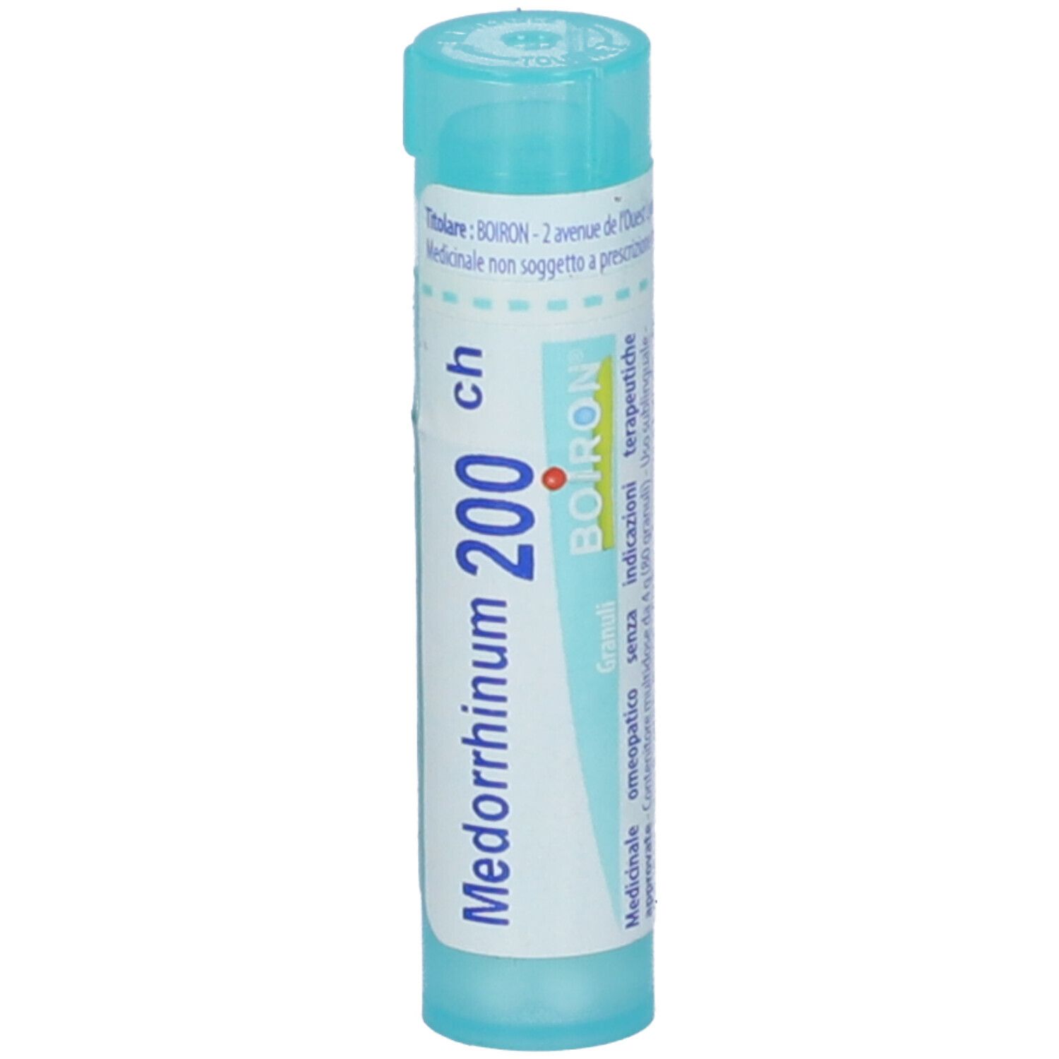 Confezione cilindrica blu. Scritta: Medorrhinum 200 ch, BOIRON. Con tappo blu.