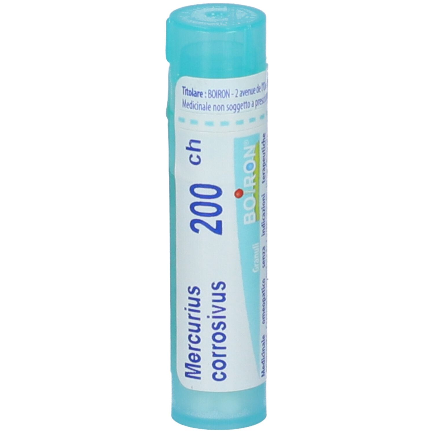 Confezione cilindrica azzurra con testo bianco. Contiene granuli. Marchio BOIRON® e nome prodotto Mercurius corrosivus 200 ch.