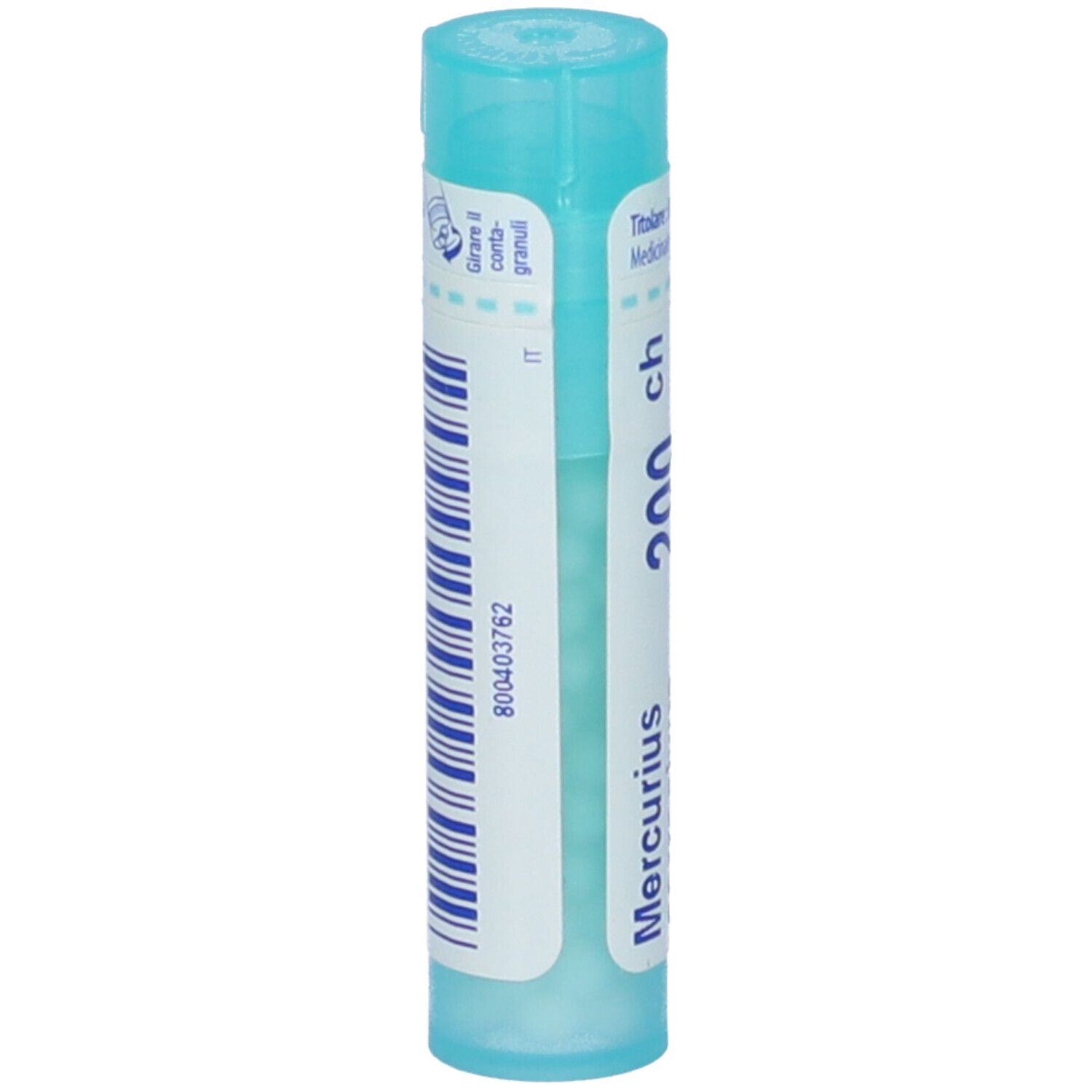 Confezione cilindrica azzurra con testo bianco. Contiene granuli. Nome prodotto Mercurius 200 ch. Codice a barre e identificativo IT.