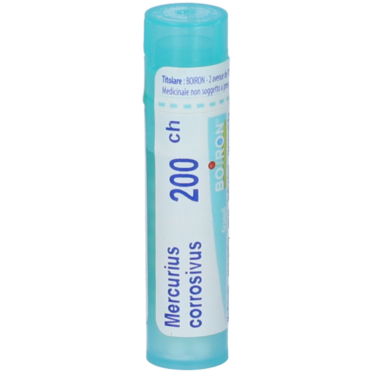 Confezione cilindrica azzurra con testo bianco. Contiene granuli. Marchio BOIRON® e nome prodotto Mercurius corrosivus 200 ch.
