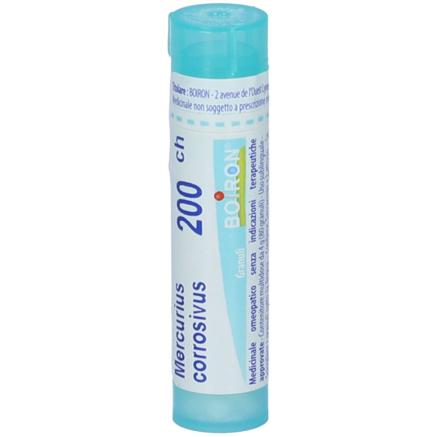 Confezione cilindrica azzurra con testo bianco. Contiene granuli. Marchio BOIRON® e nome prodotto Mercurius corrosivus 200 ch.