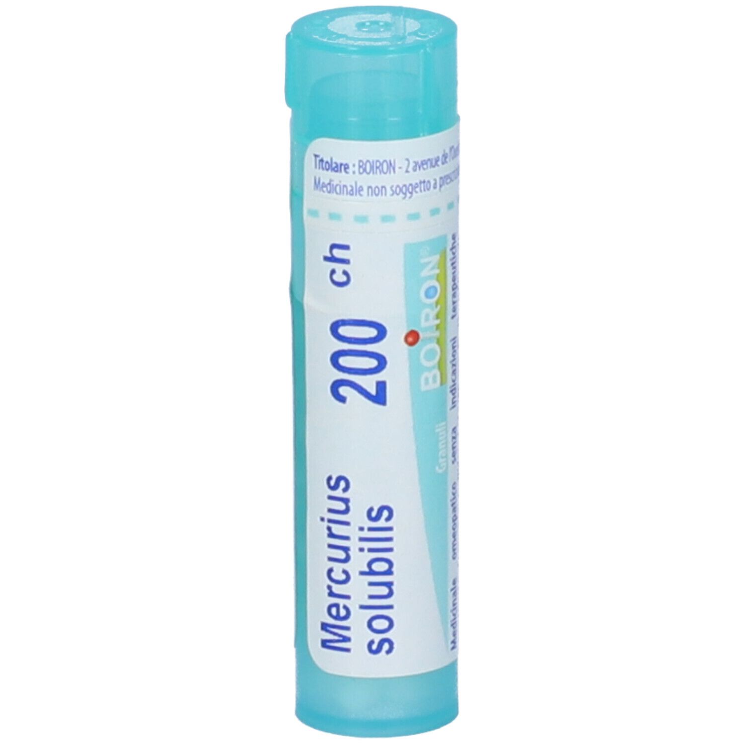 Confezione cilindrica BOIRON Mercurius solubilis 200 ch. Tappo blu. Testo sulla confezione.
