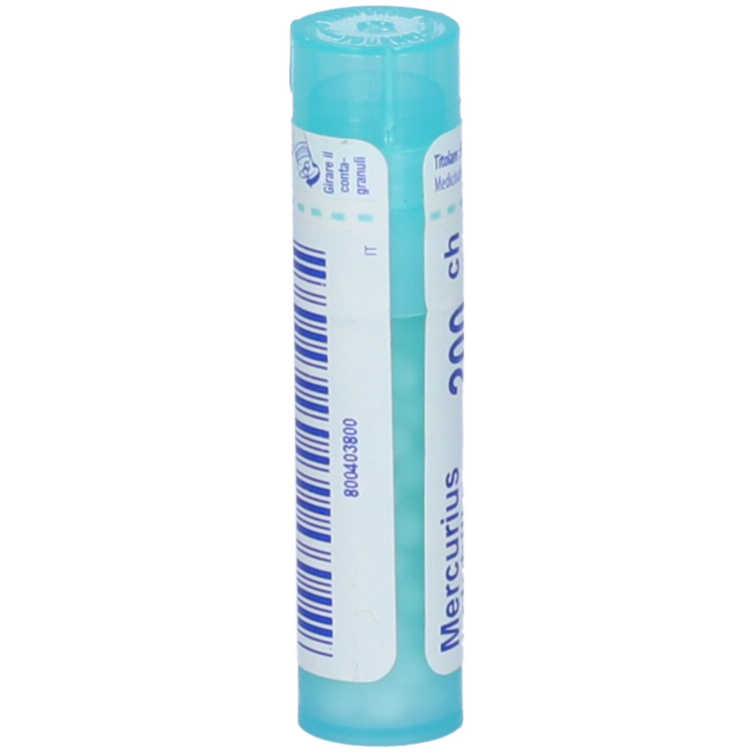 Confezione cilindrica BOIRON Mercurius solubilis 200 ch. Tappo blu. Dettaglio delle scritte.