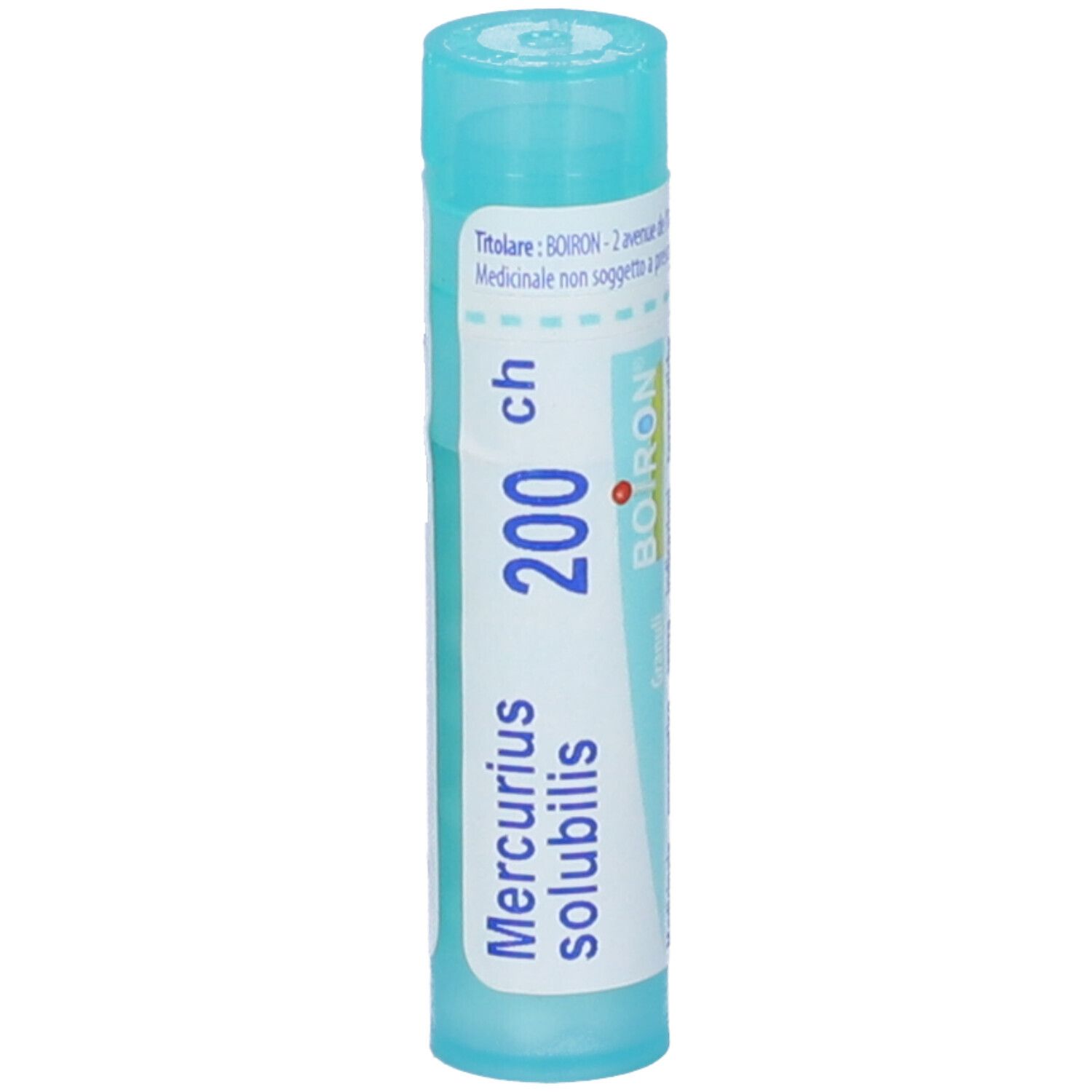 Confezione cilindrica BOIRON Mercurius solubilis 200 ch. Tappo blu. Dettaglio delle scritte.