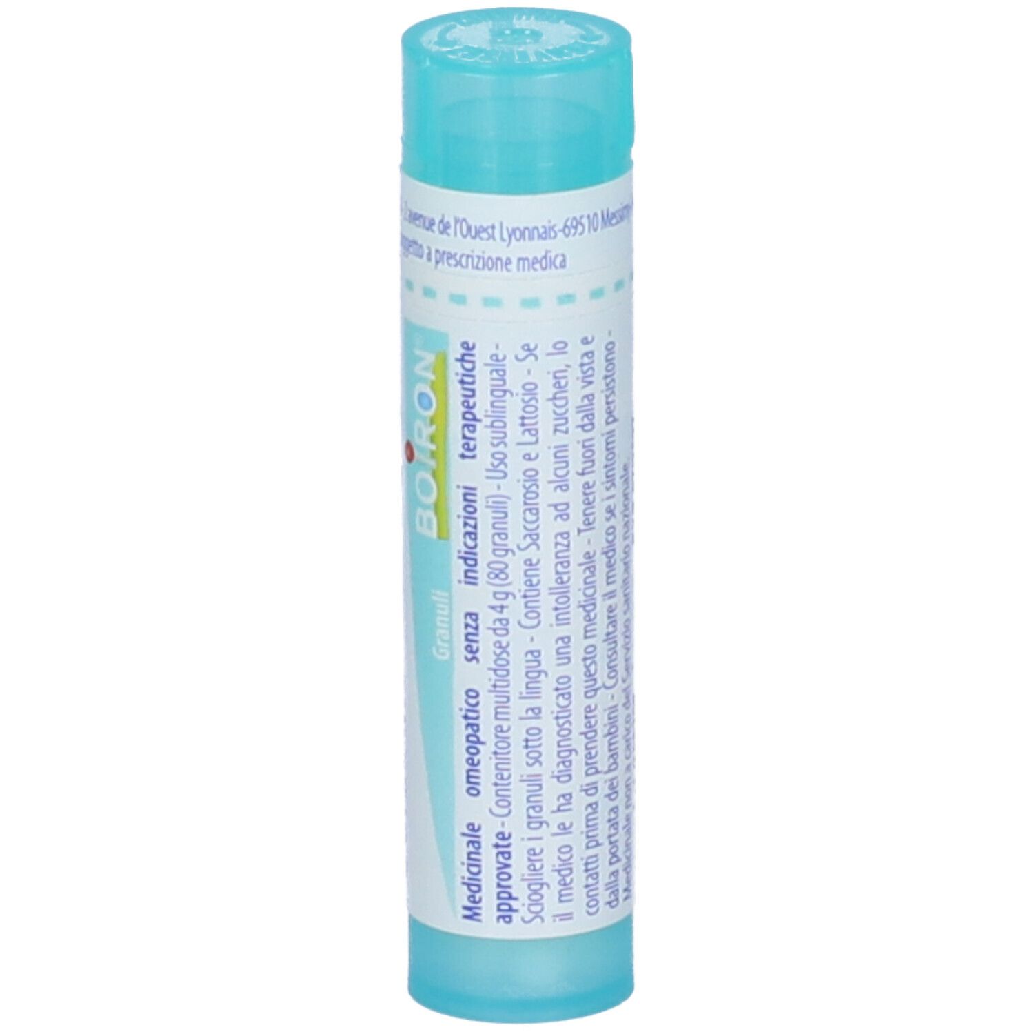 Confezione cilindrica BOIRON Mercurius solubilis 200 ch. Tappo blu. Dettaglio delle scritte.