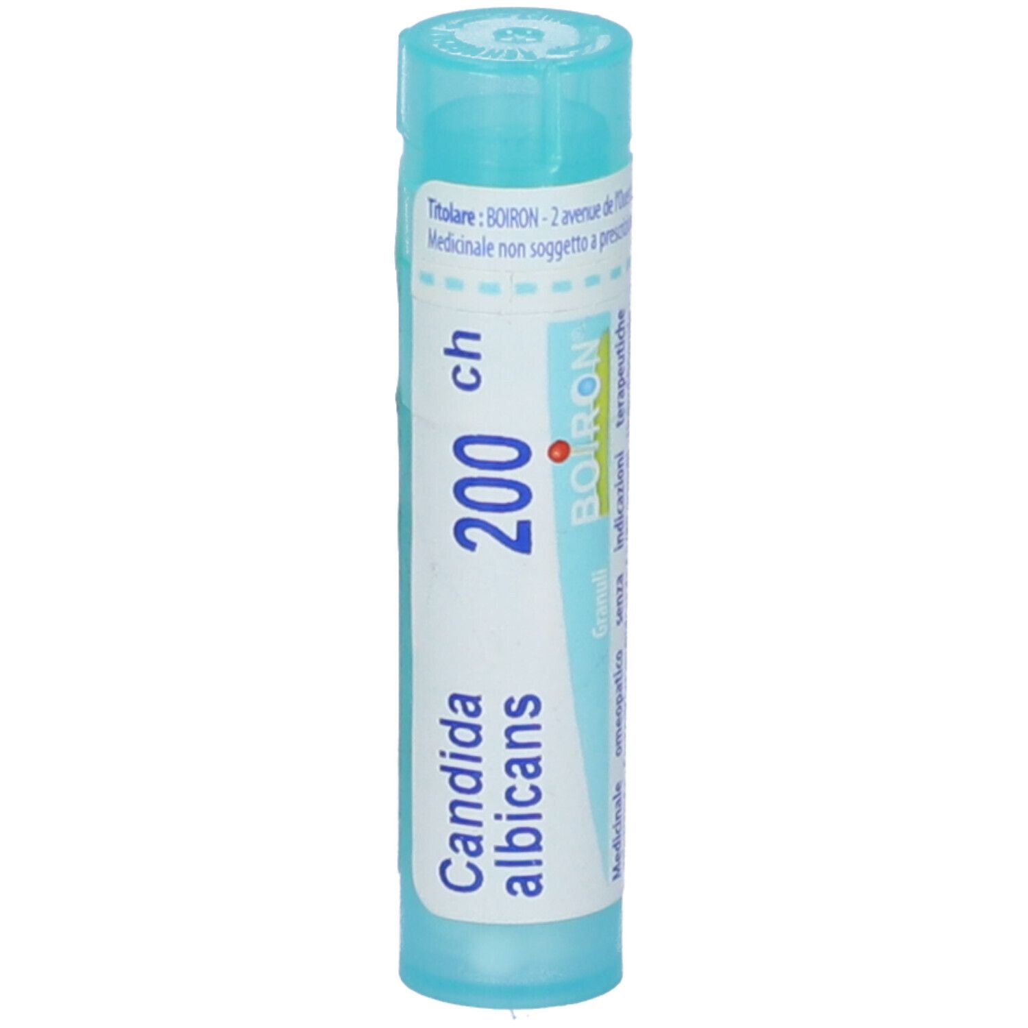 Confezione cilindrica azzurra con scritta 'Candida albicans 200 ch' e 'BOIRON'.
