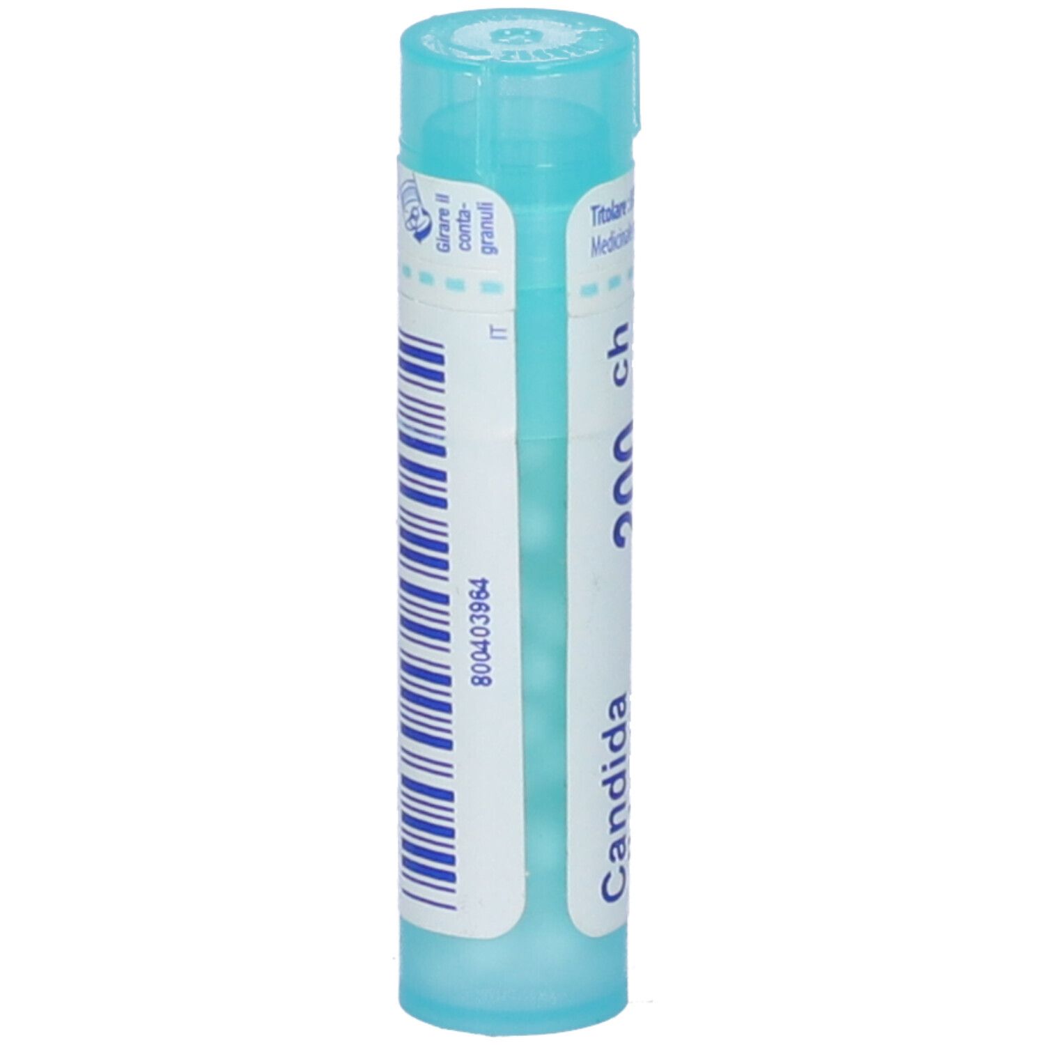 Confezione cilindrica azzurra con codice a barre e scritta 'Candida 200 ch'.