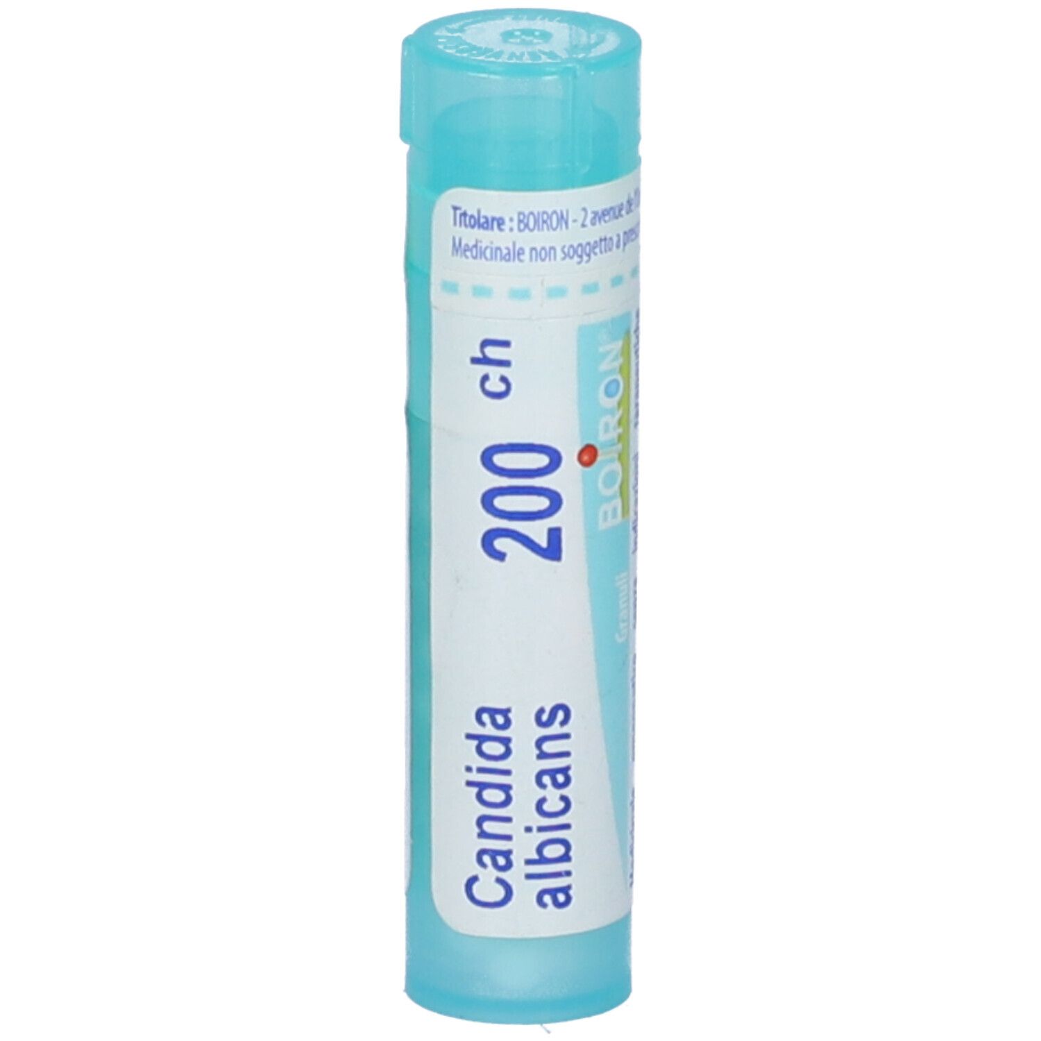 Confezione cilindrica azzurra con scritta 'Candida albicans 200 ch' e 'BOIRON'.