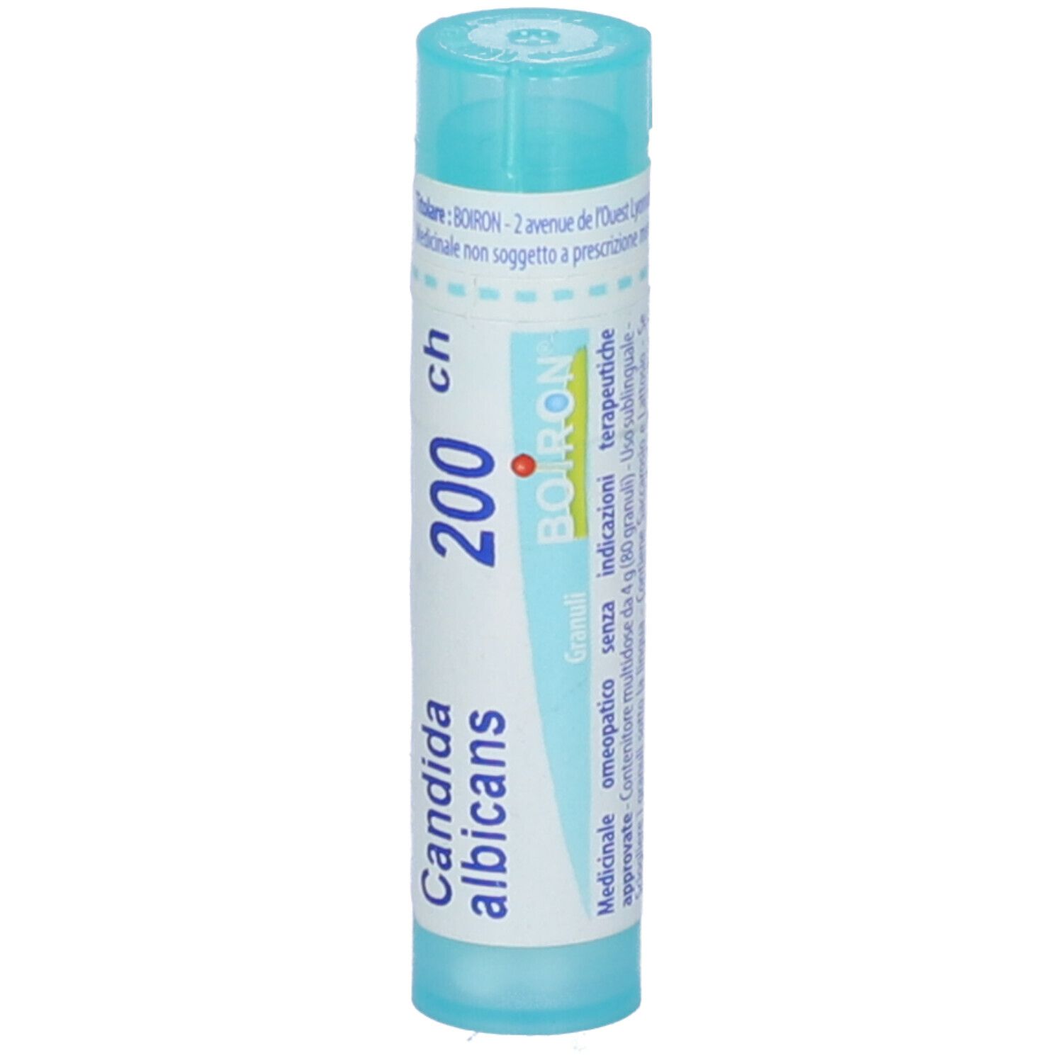Confezione cilindrica con scritta 'Candida albicans 200 ch Granuli' e 'BOIRON'.
