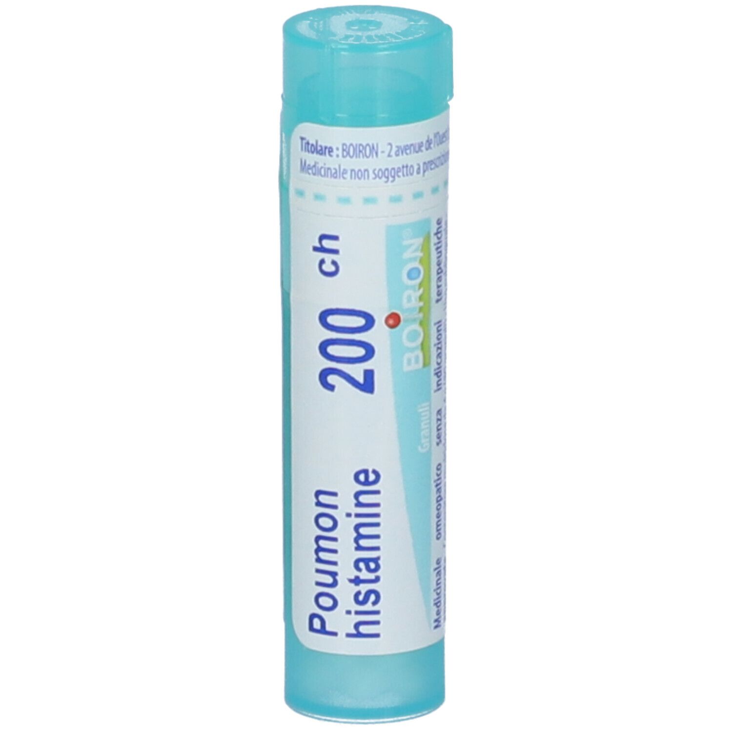 Confezione cilindrica di granuli BOIRON. Scritta: Poumon histamine 200 ch. Colori: turchese e bianco. Tappo in alto.