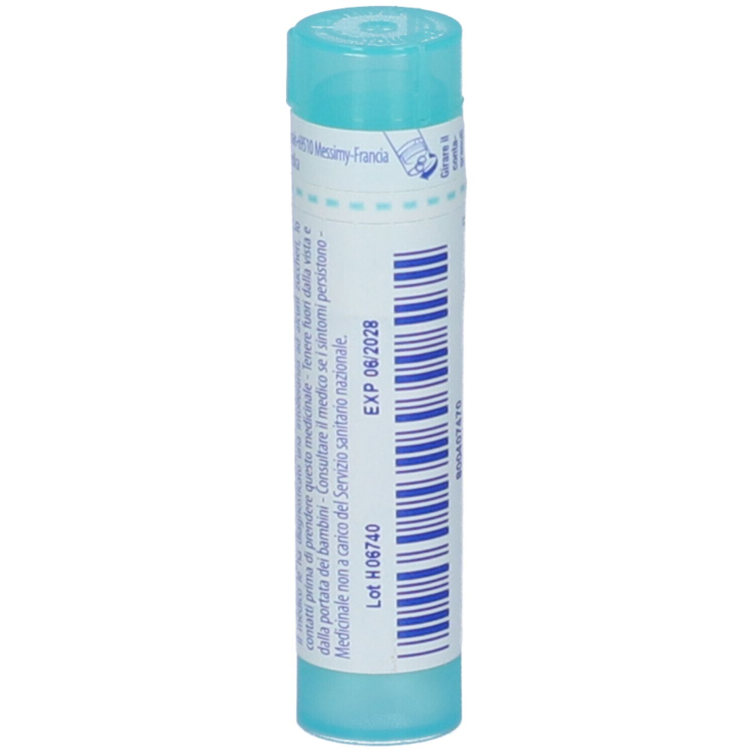 Confezione cilindrica di granuli BOIRON. Scritta: Poumon histamine 200 ch. Colori: turchese e bianco. Data di scadenza.