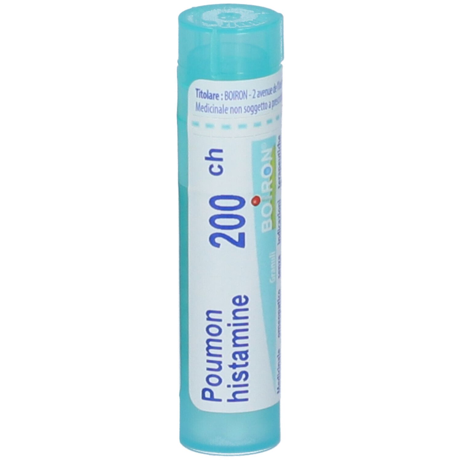 Confezione cilindrica di granuli BOIRON. Scritta: Poumon histamine 200 ch. Colori: turchese e bianco. Logo BOIRON.