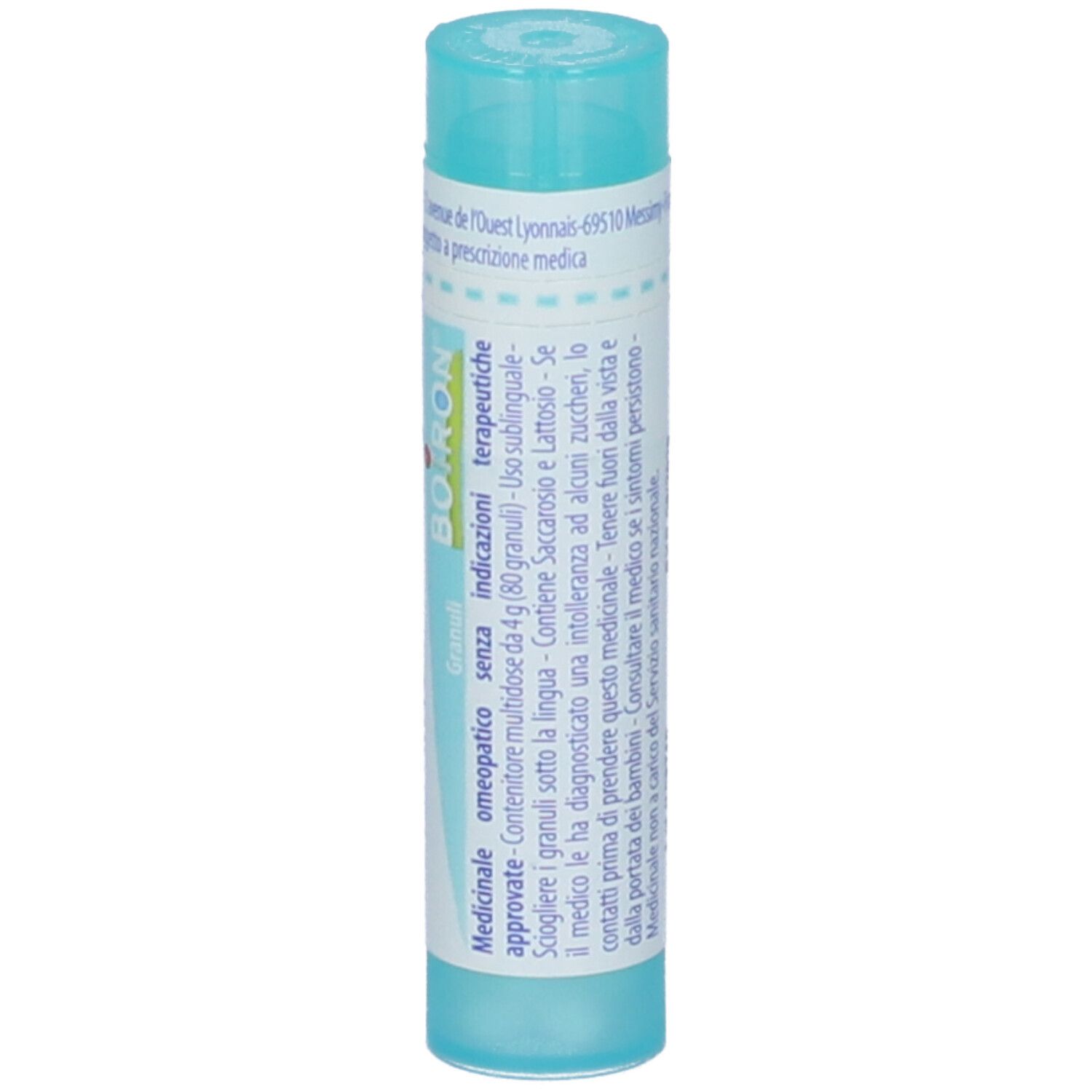 Confezione cilindrica di granuli BOIRON. Scritta: Poumon histamine 200 ch. Colori: turchese e bianco. Informazioni aggiuntive.