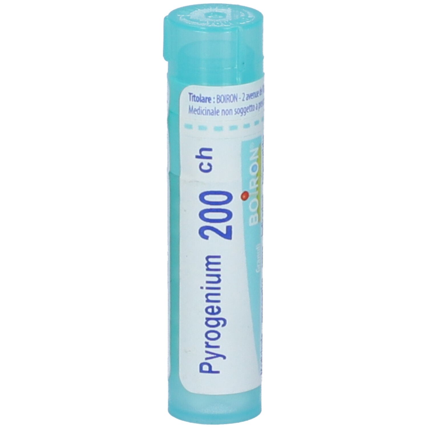 Confezione cilindrica azzurra con etichetta bianca. Scritta: Pyrogenium 200 ch, BOIRON. Tappo turchese. Vista verticale.
