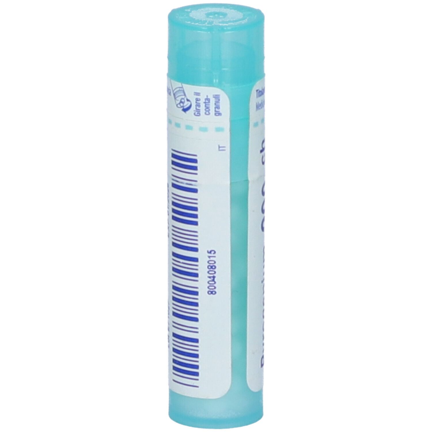 Confezione cilindrica azzurra con etichetta bianca. Scritta: Pyrogenium 200 ch. Tappo turchese. Vista posteriore con codice a barre.
