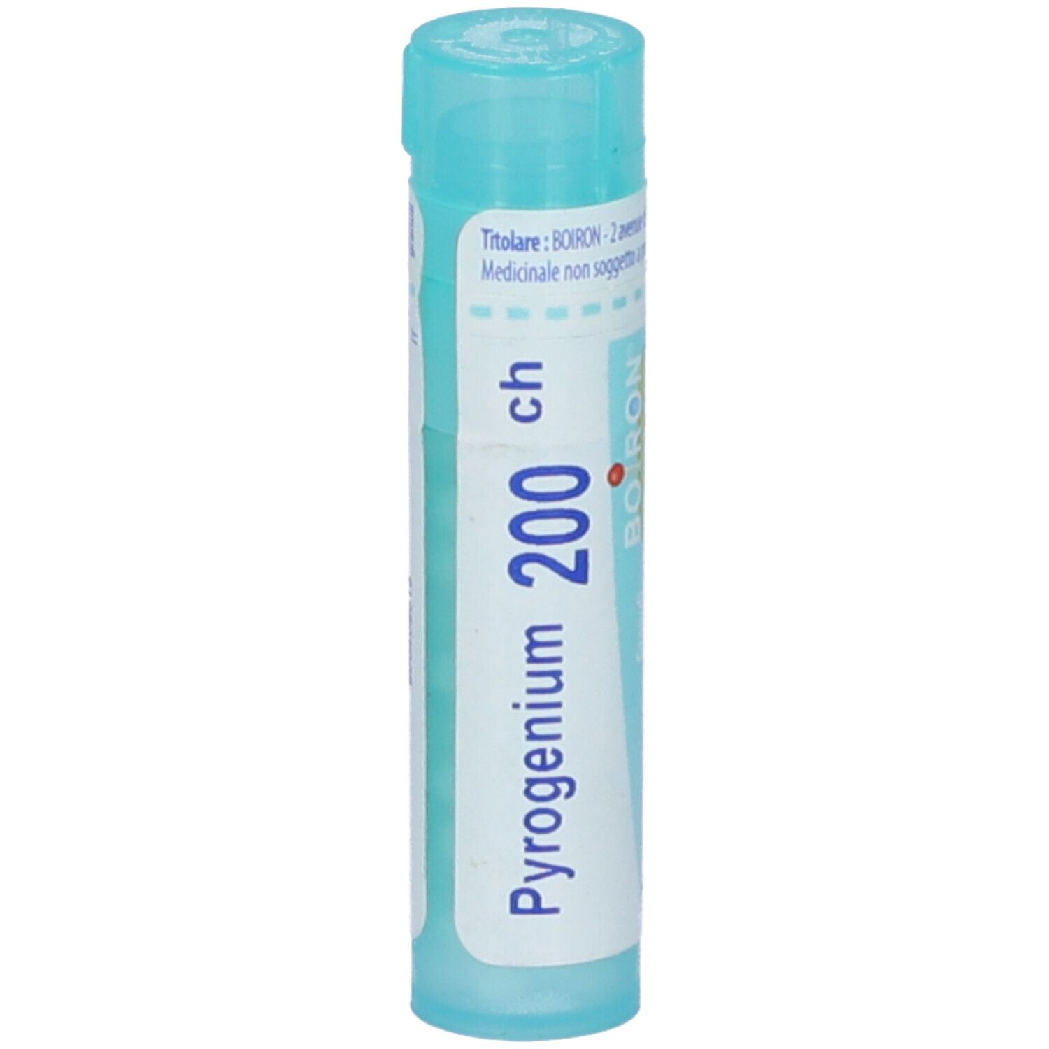 Confezione cilindrica azzurra con etichetta bianca. Scritta: Pyrogenium 200 ch, BOIRON. Tappo turchese. Vista verticale.