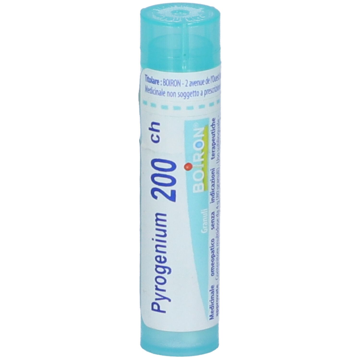 Confezione cilindrica azzurra con etichetta bianca. Scritta: Pyrogenium 200 ch, BOIRON, Granuli. Tappo turchese.