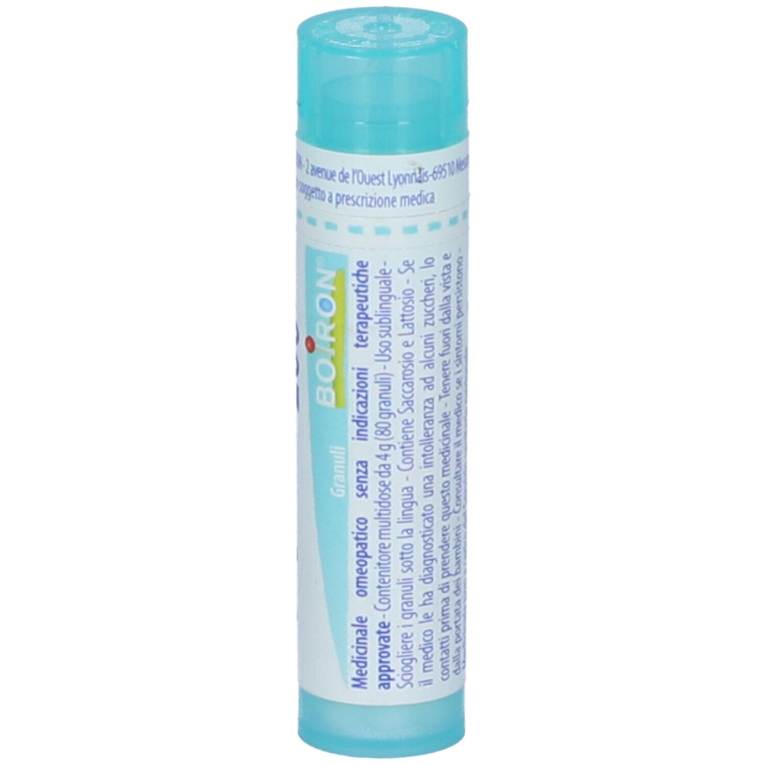 Confezione cilindrica azzurra con etichetta bianca. Scritta: Pyrogenium 200 ch, BOIRON, Granuli. Tappo turchese. Testo.