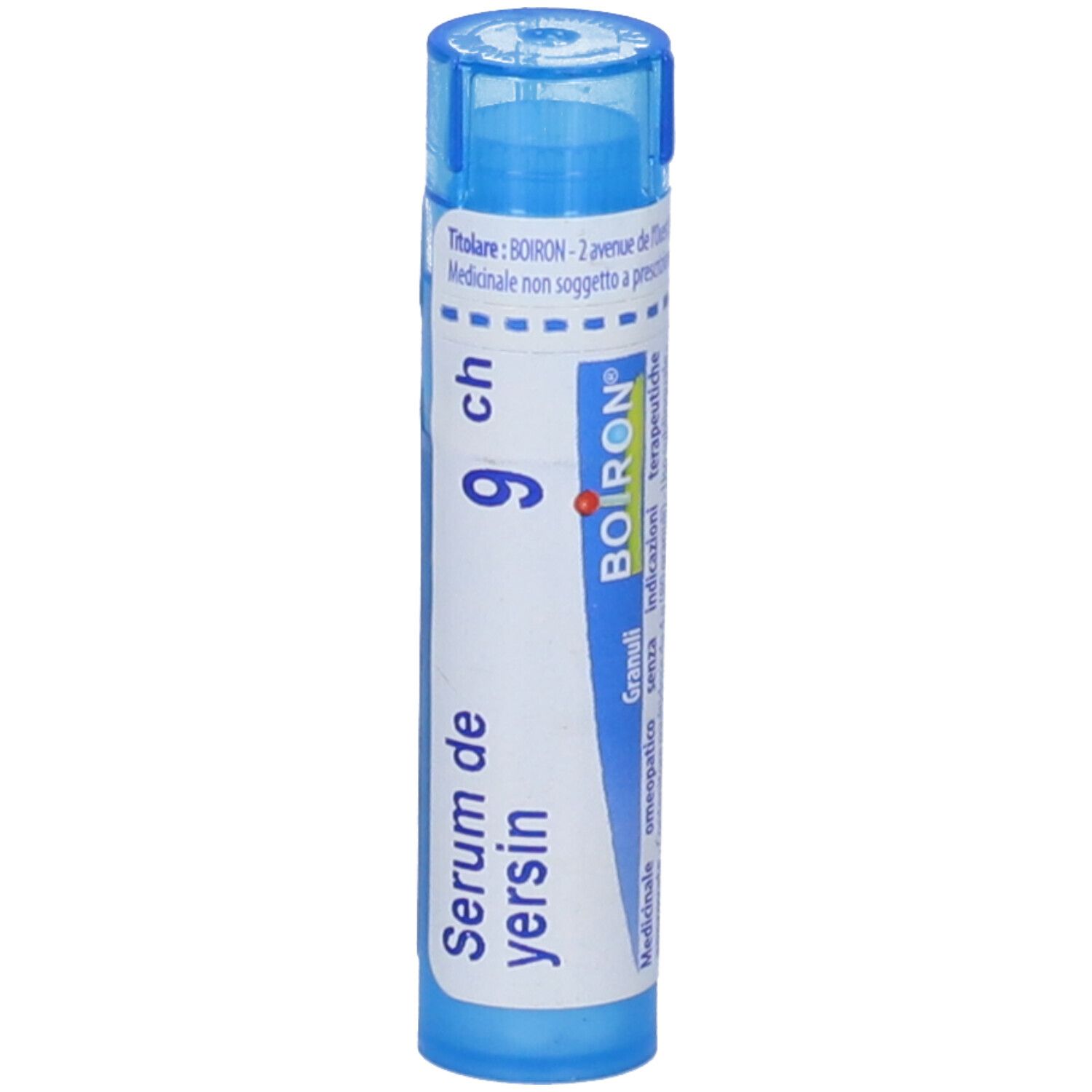 Tubo blu con etichetta bianca. Scritta: Serum de yersin 9 ch, Boiron. Nome del prodotto e dosaggio.
