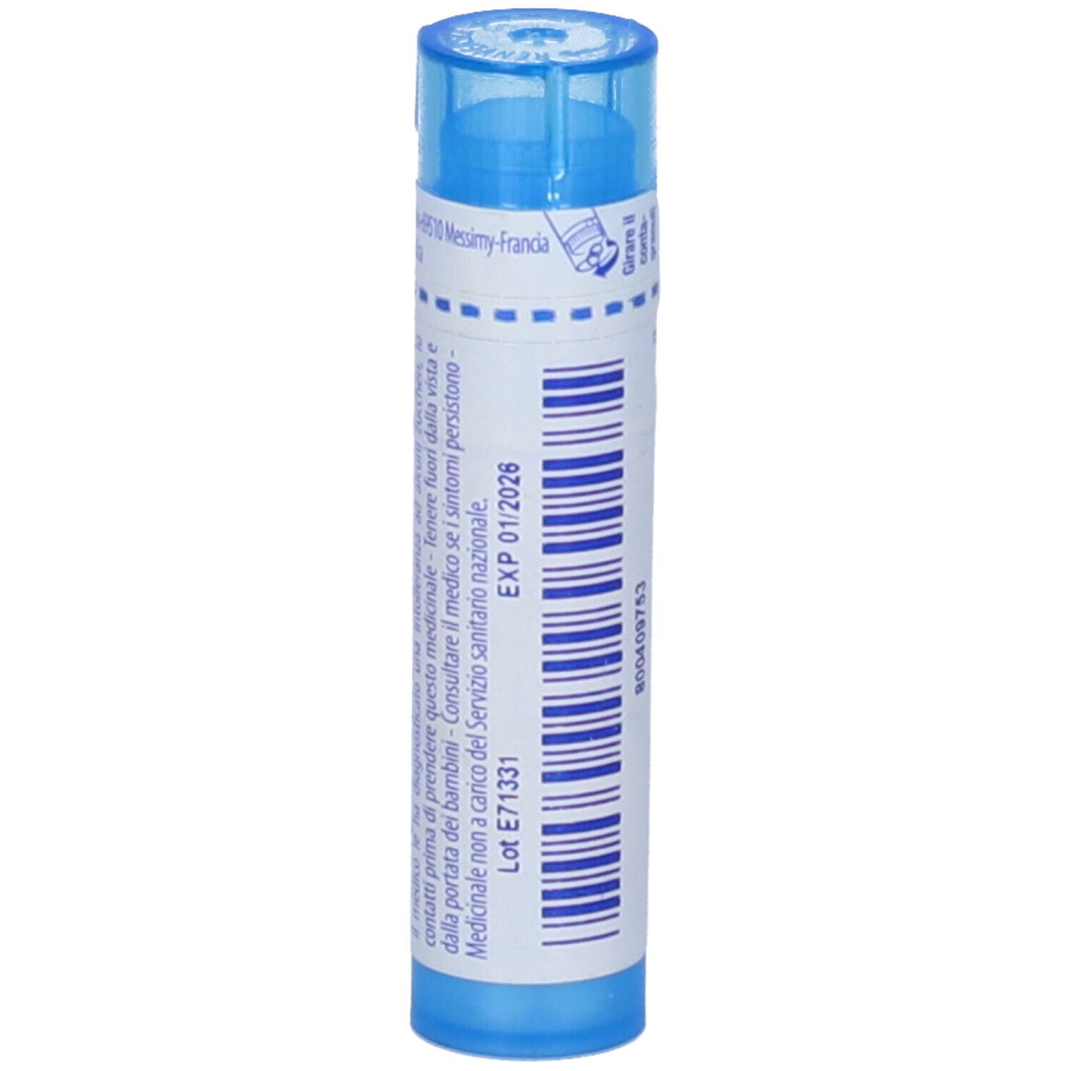 Tubo blu con etichetta bianca. Scritta: Serum de yersin 9 ch. Data di scadenza e numero di lotto.