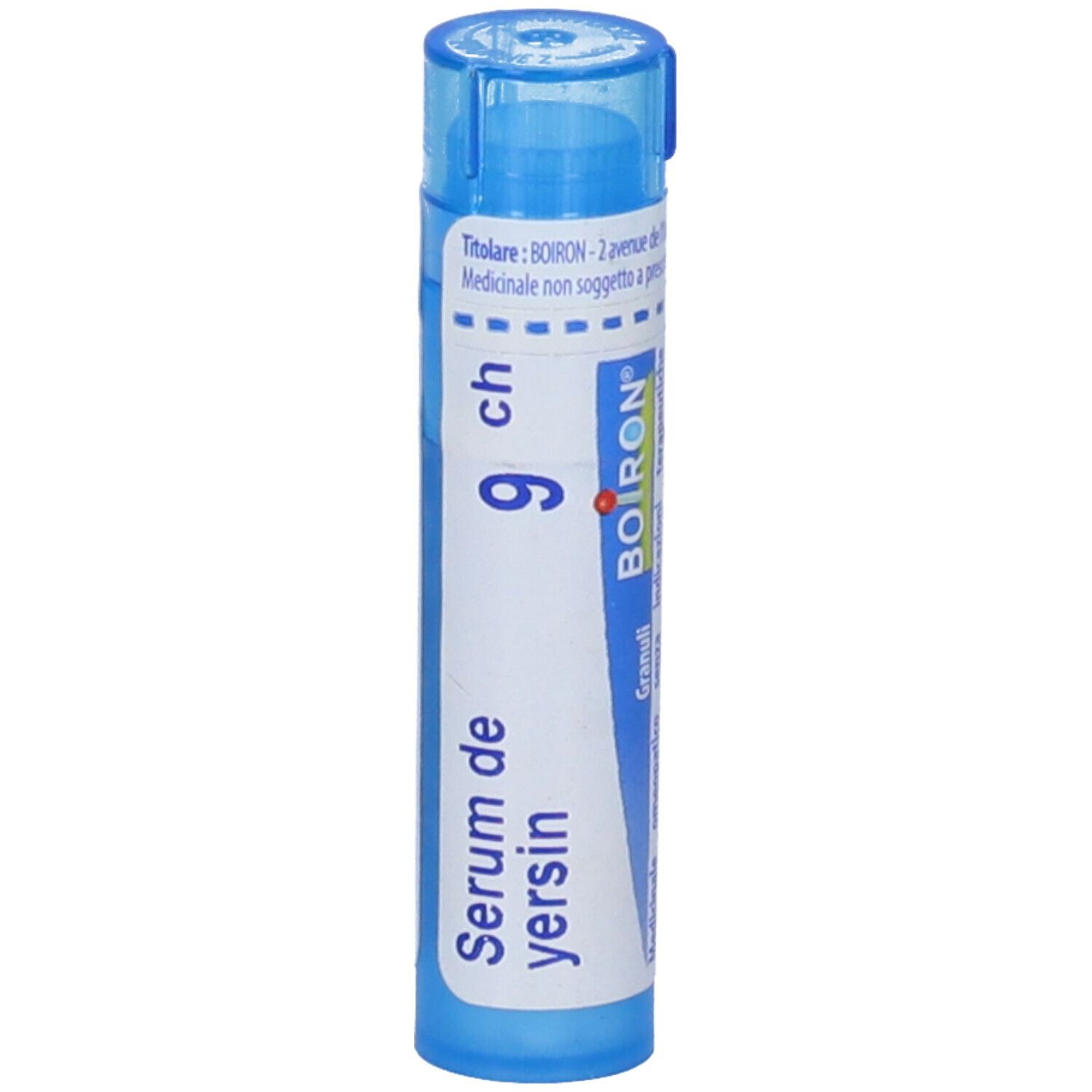 Tubo blu con etichetta bianca. Scritta: Serum de yersin 9 ch, Boiron. Nome del prodotto e dosaggio.