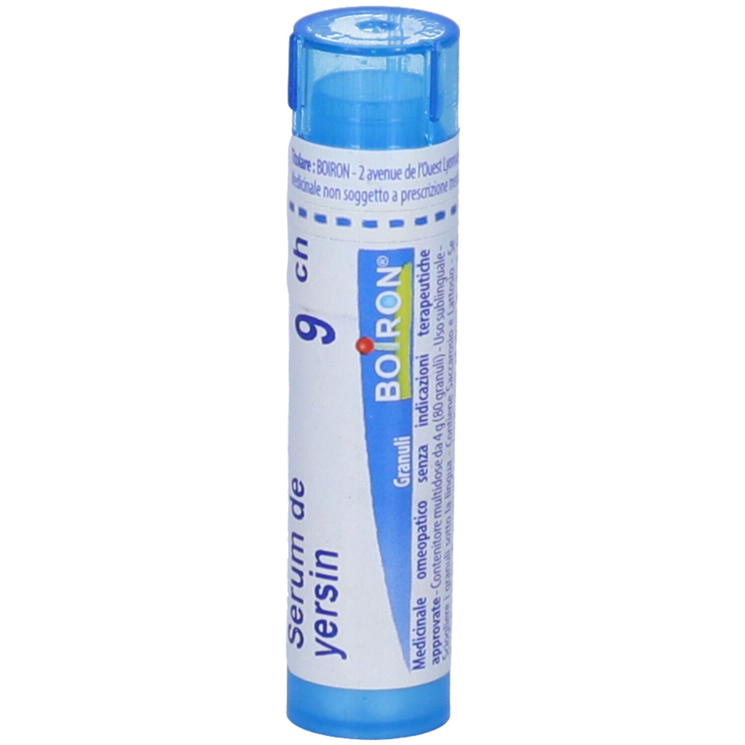 Tubo blu con etichetta bianca. Scritta: Serum de yersin 9 ch, Boiron. Informazioni sul prodotto.