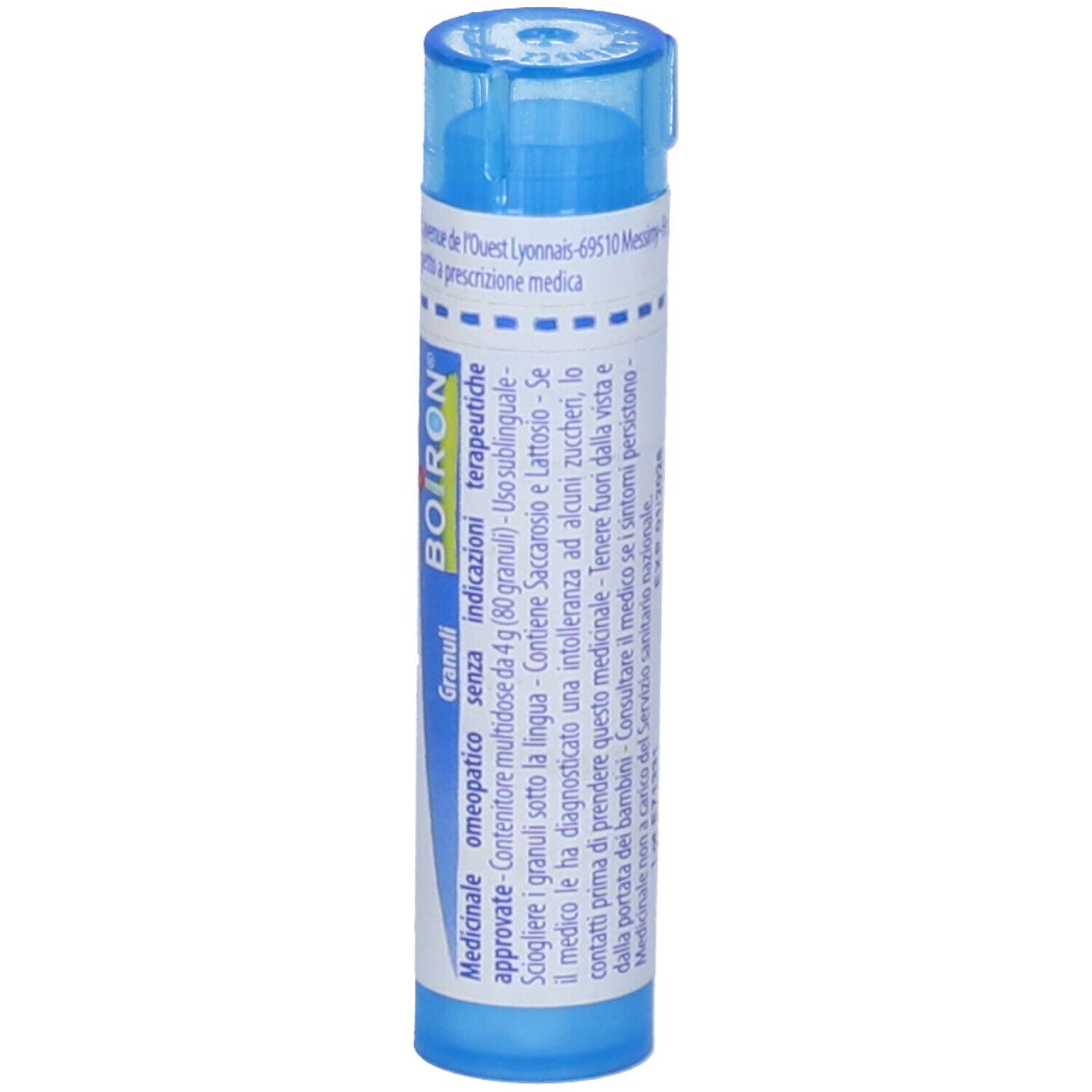 Tubo blu con etichetta bianca. Scritta: Serum de yersin 9 ch, Boiron. Informazioni sul prodotto.