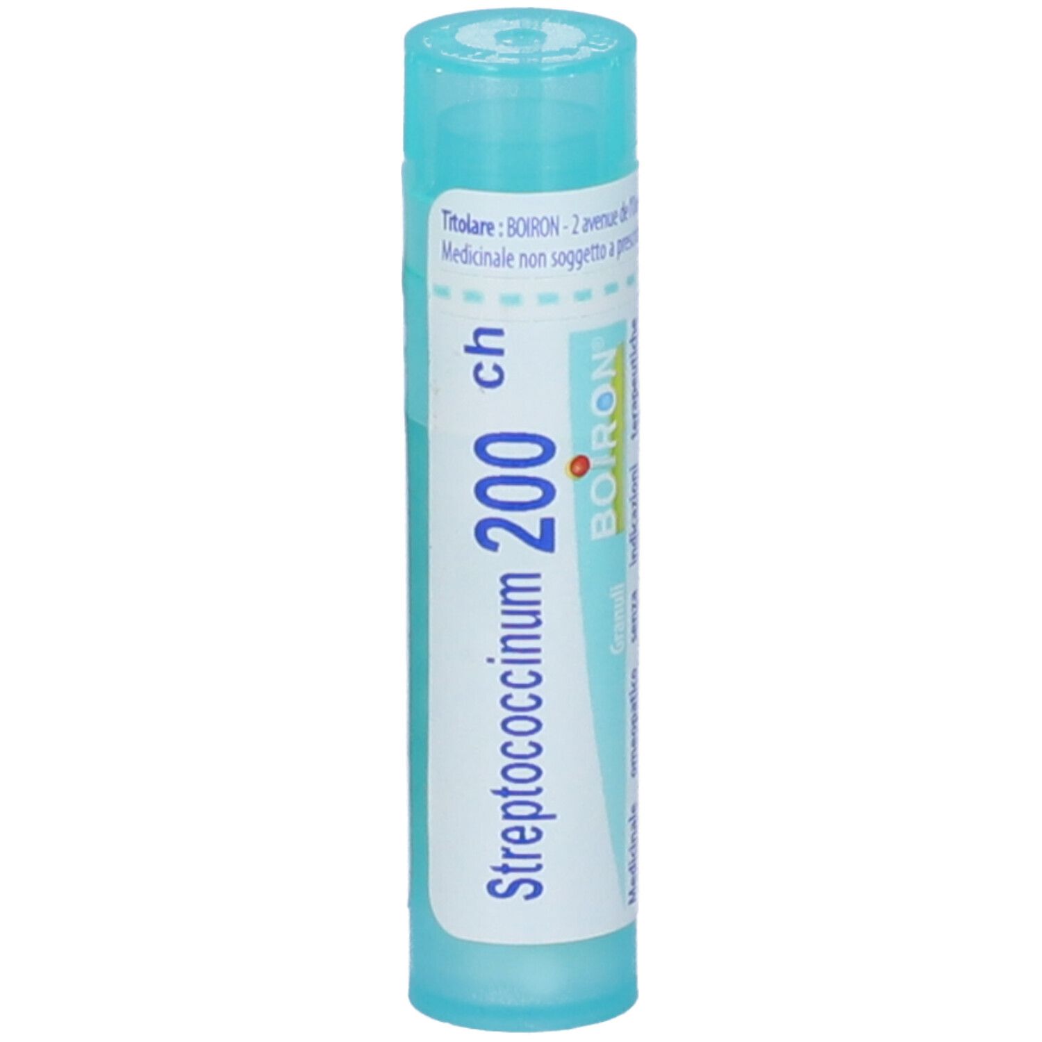 Confezione cilindrica, blu e bianca. Scritta: Streptococcinum 200 ch, BOIRON. Granuli. Con tappo a vite.