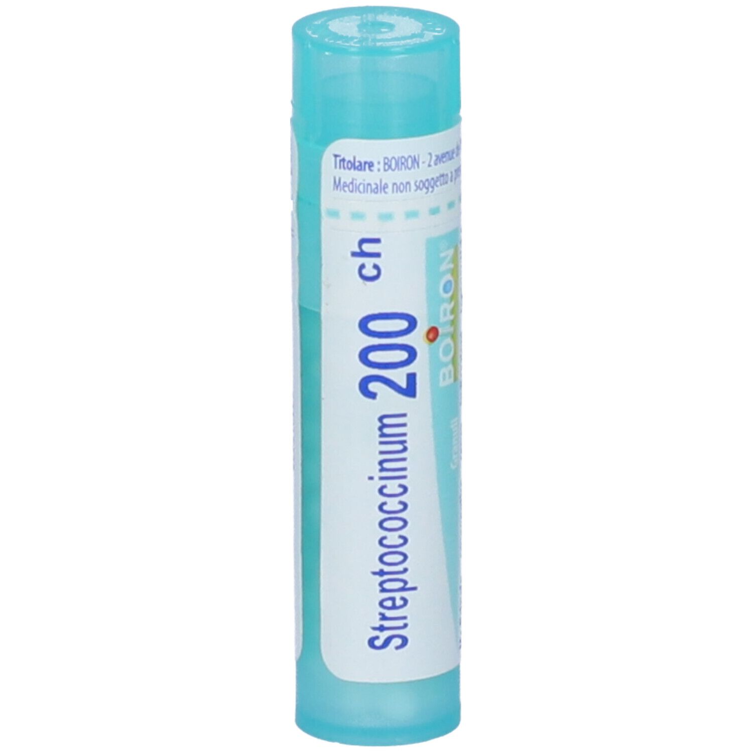 Confezione cilindrica, blu e bianca. Scritta: Streptococcinum 200 ch, BOIRON. Granuli. Con tappo a vite.